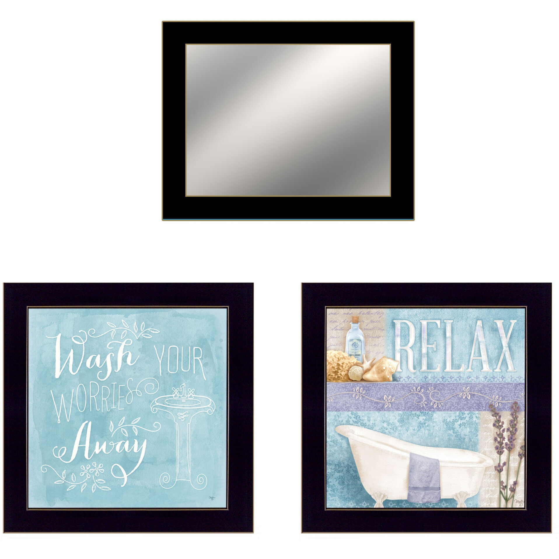 Set Of Three Wash Black Framed Bathroom Wall Art With Mirror