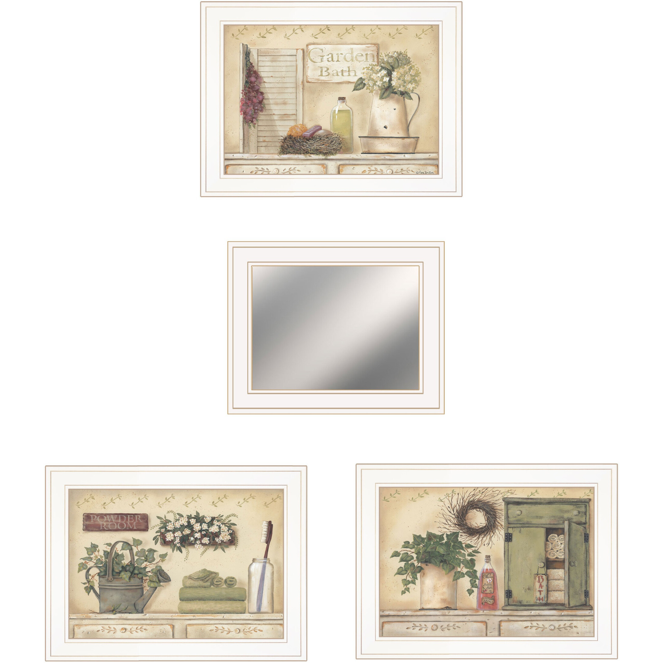 Set Of Four Garden Bath White Framed Bathroom Wall Art And Mirror