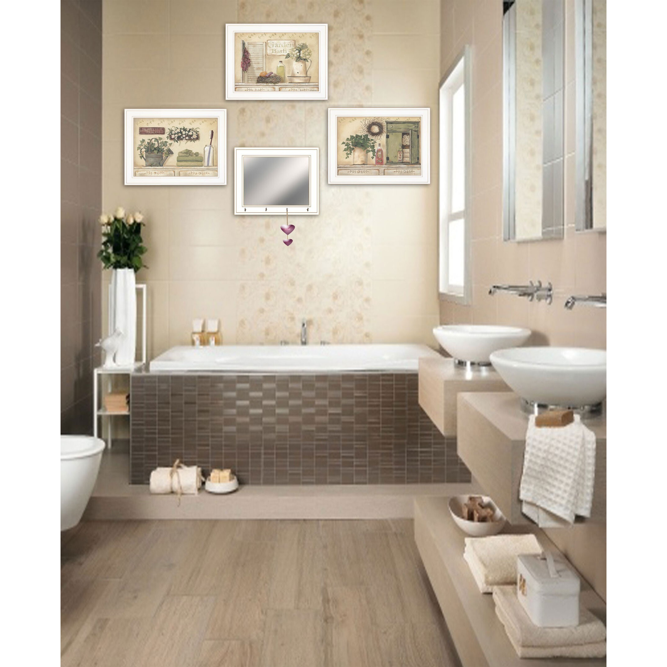 Set Of Four Garden Bath White Framed Bathroom Wall Art And Mirror With Hooks