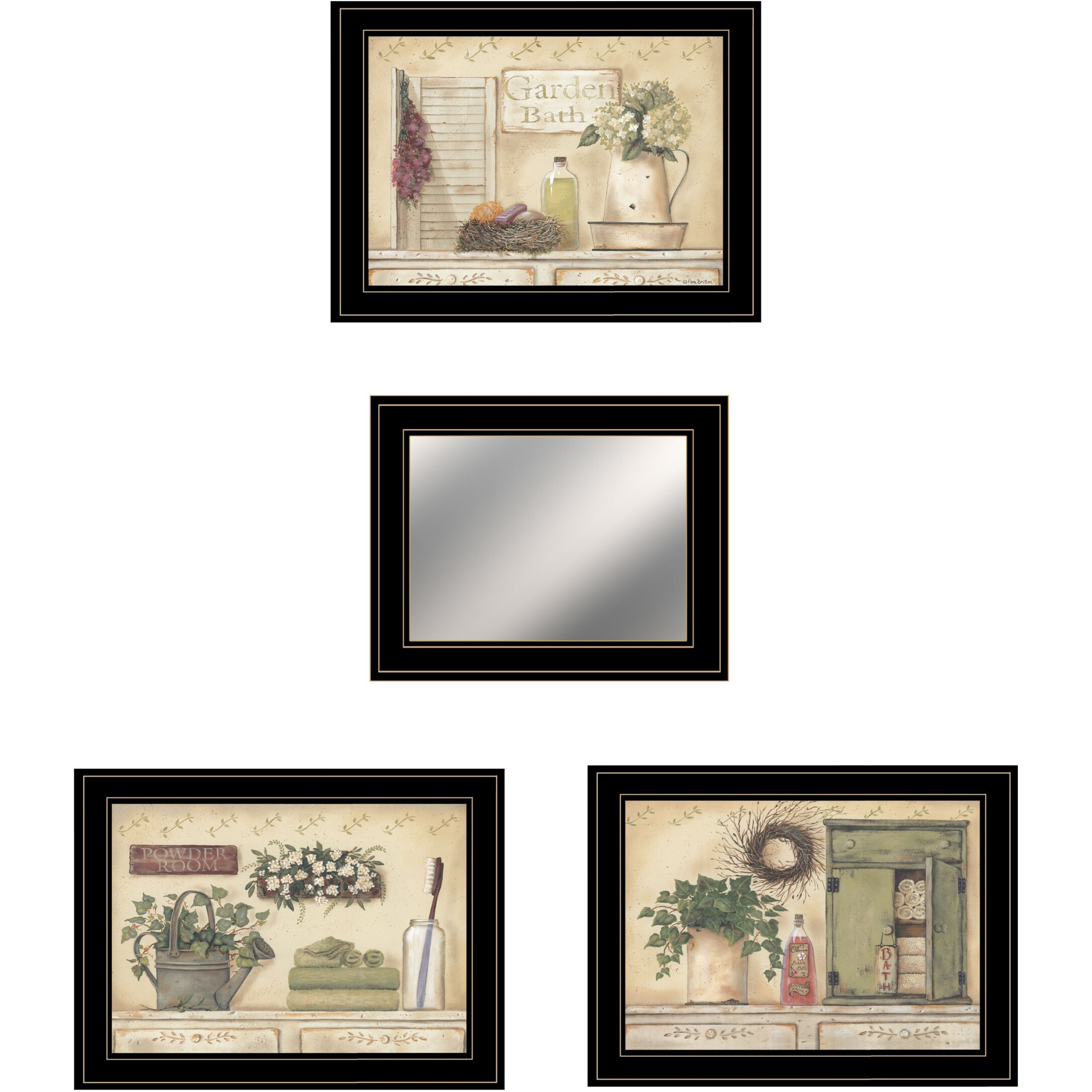 Set Of Four Garden Bath Black Framed Bathroom Wall Art And Mirror