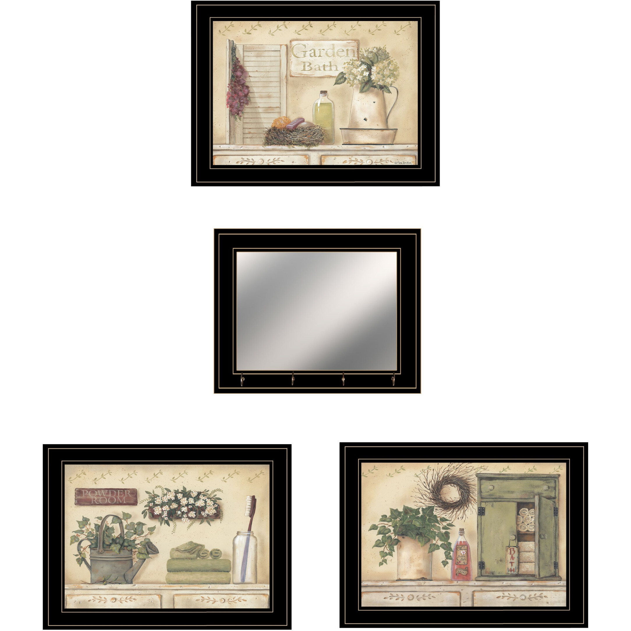 Set Of Four Garden Bath Black Framed Bathroom Wall Art And Mirror With Hooks