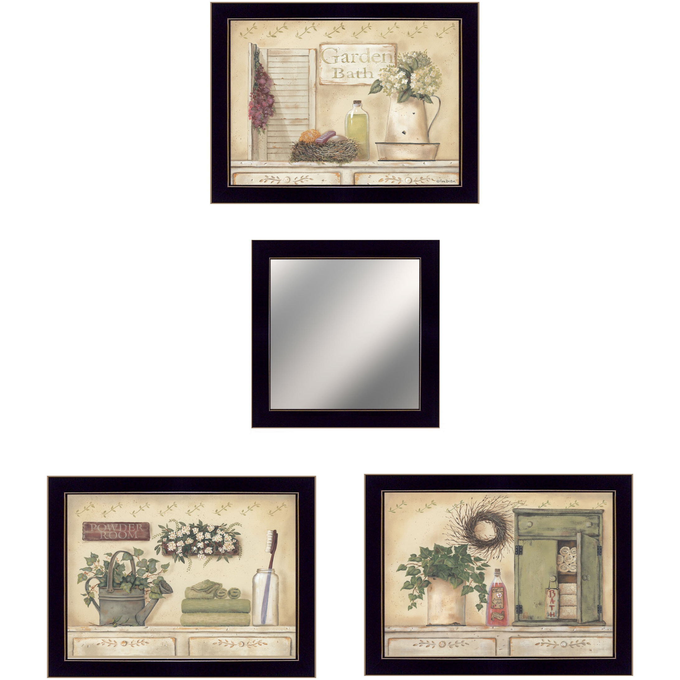 Set Of Four Garden Bath Black Framed Bathroom Wall Art And Mirror With Hooks