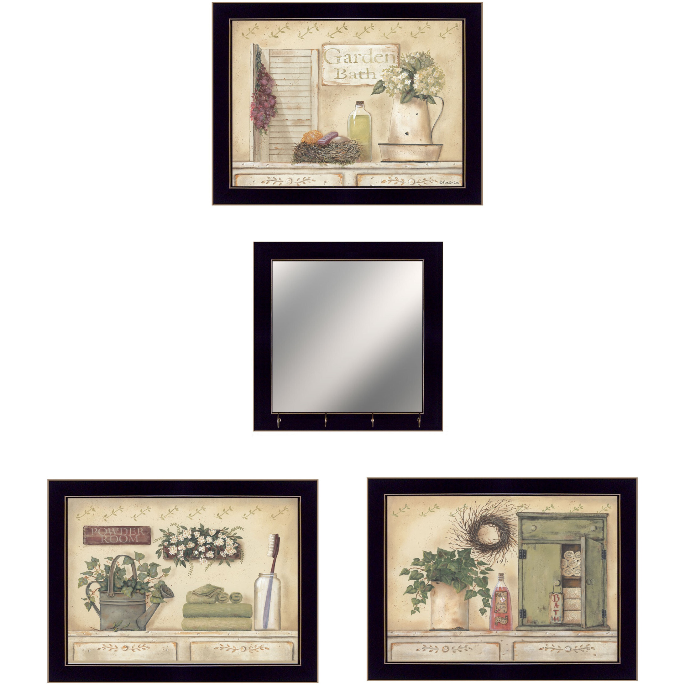 Set Of Four Garden Bath Black Framed Bathroom Wall Art And Mirror With Hooks