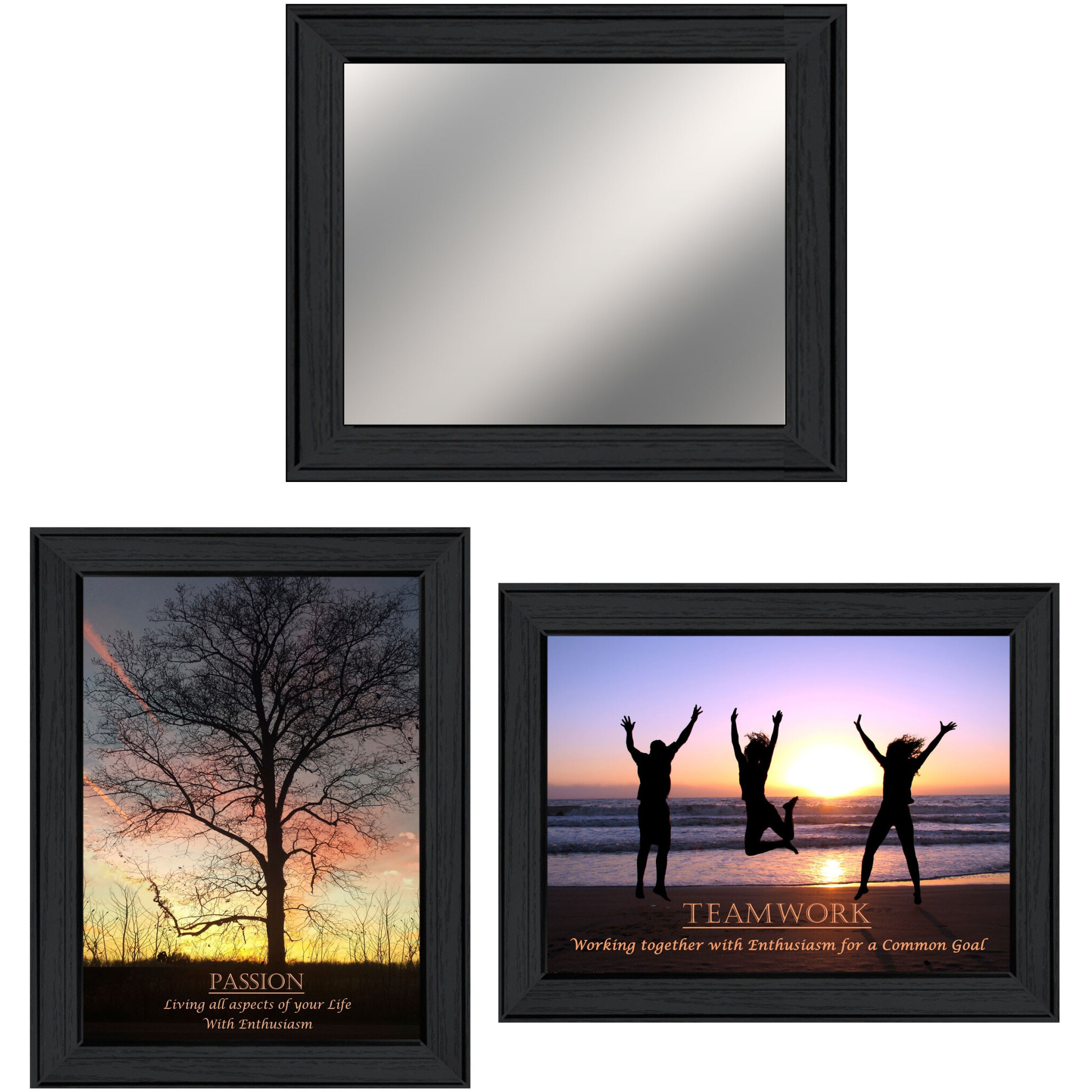 Set Of Three Passion and Teamwork Black Framed Wall Art With Mirror