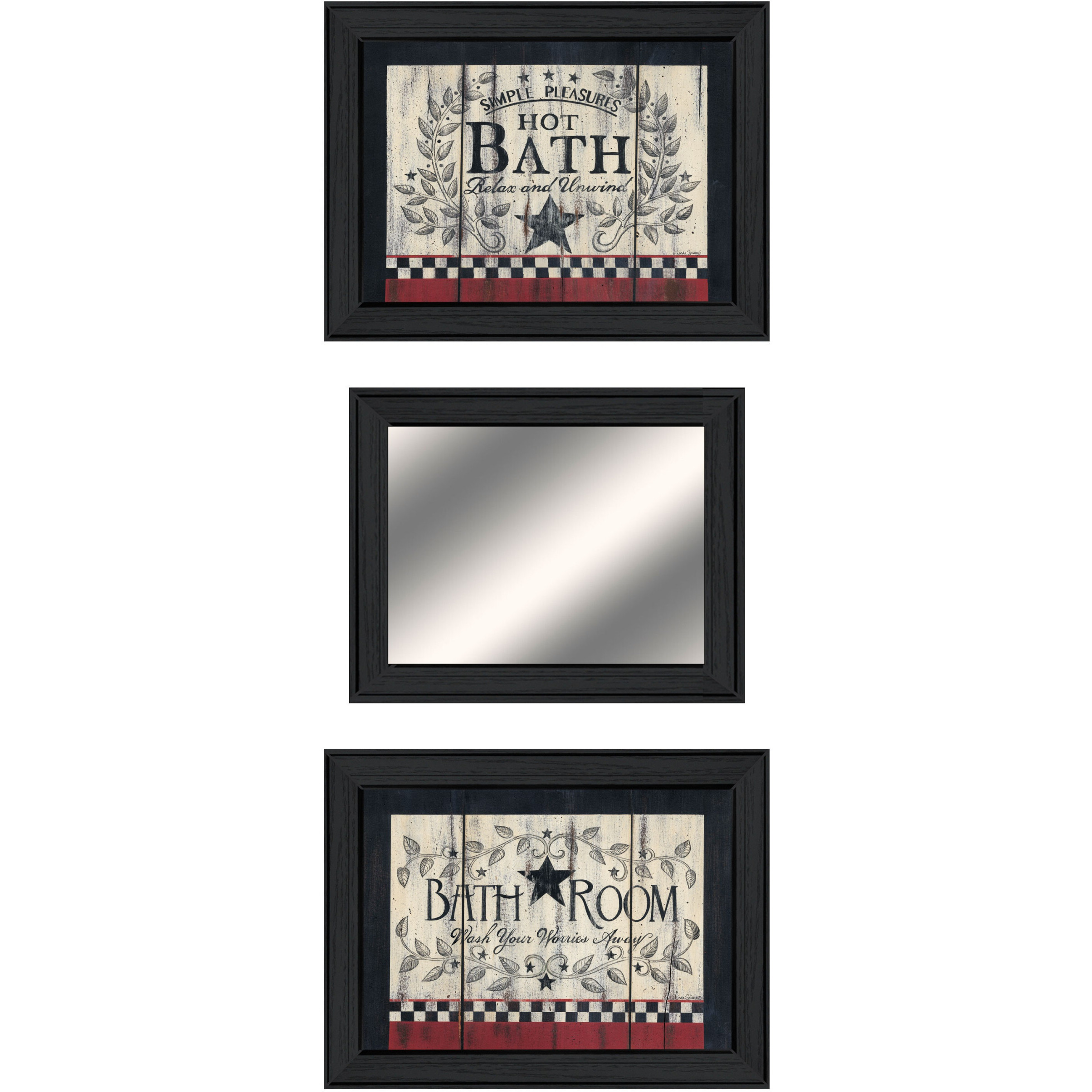 Set Of Three Hot Bath Black Framed Bathroom Wall Art With Mirror