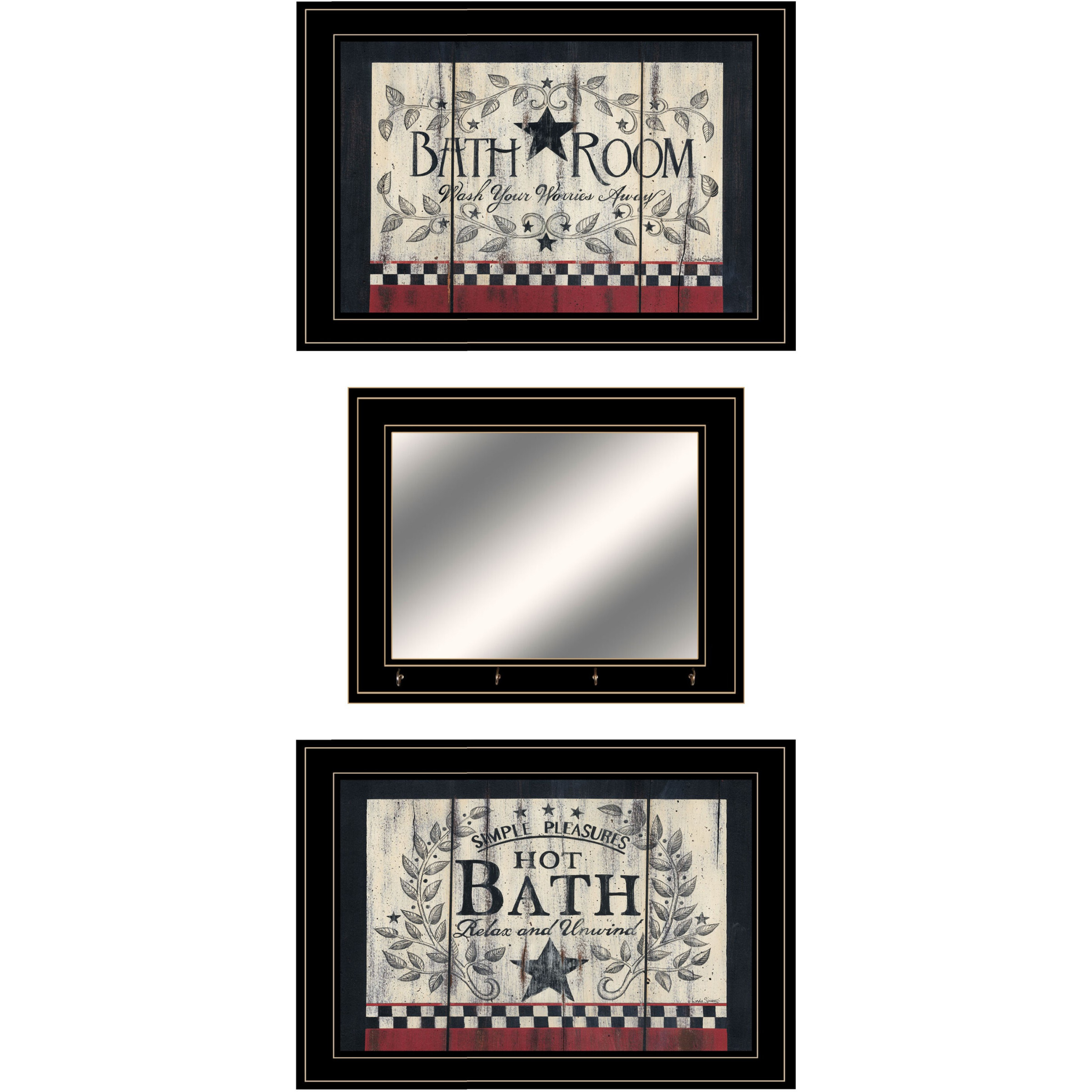Set Of Three Hot Bath Black Framed Bathroom Wall Art With Mirror And Hooks