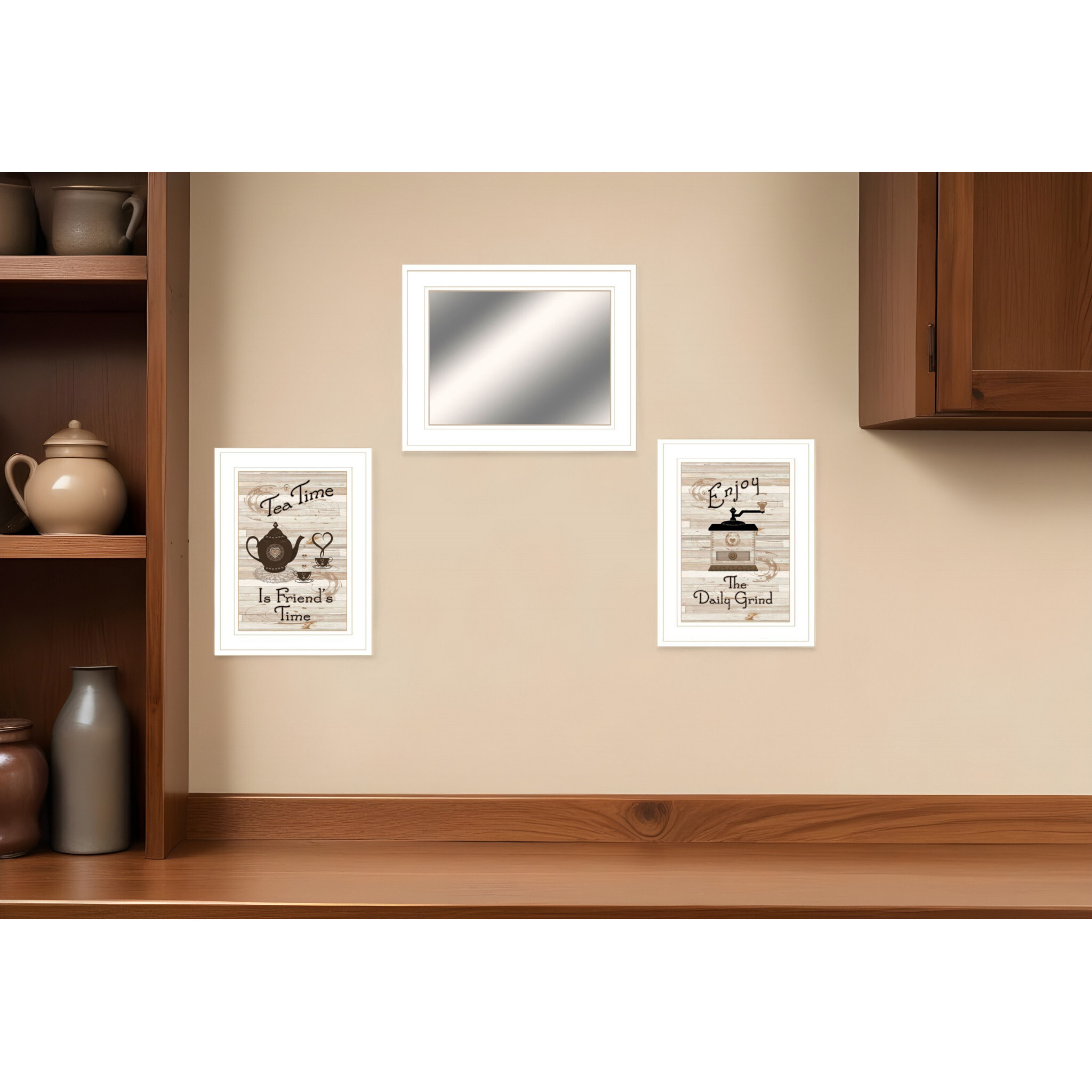 Set Of Three Coffee and Tea Time White Framed Print Kitchen Wall Art With Mirror