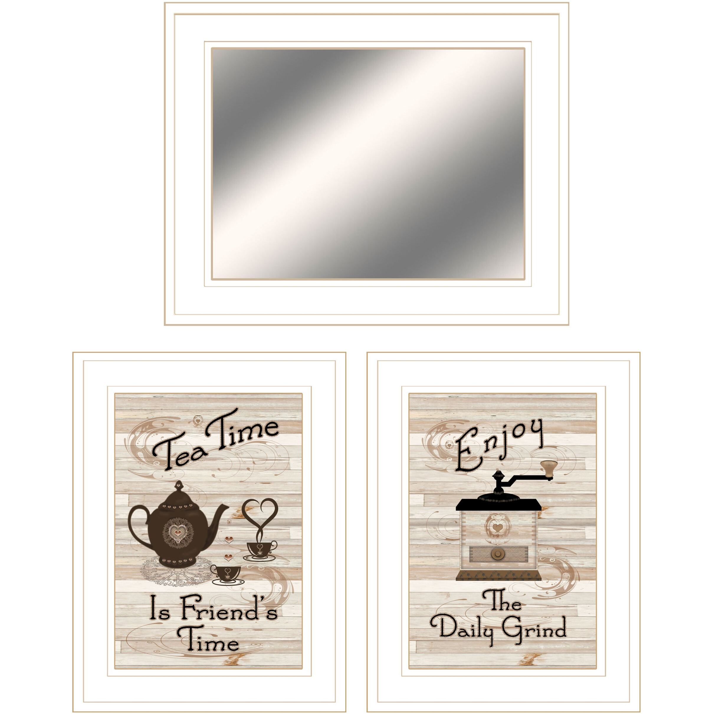 Set Of Three Coffee and Tea Time White Framed Print Kitchen Wall Art With Mirror