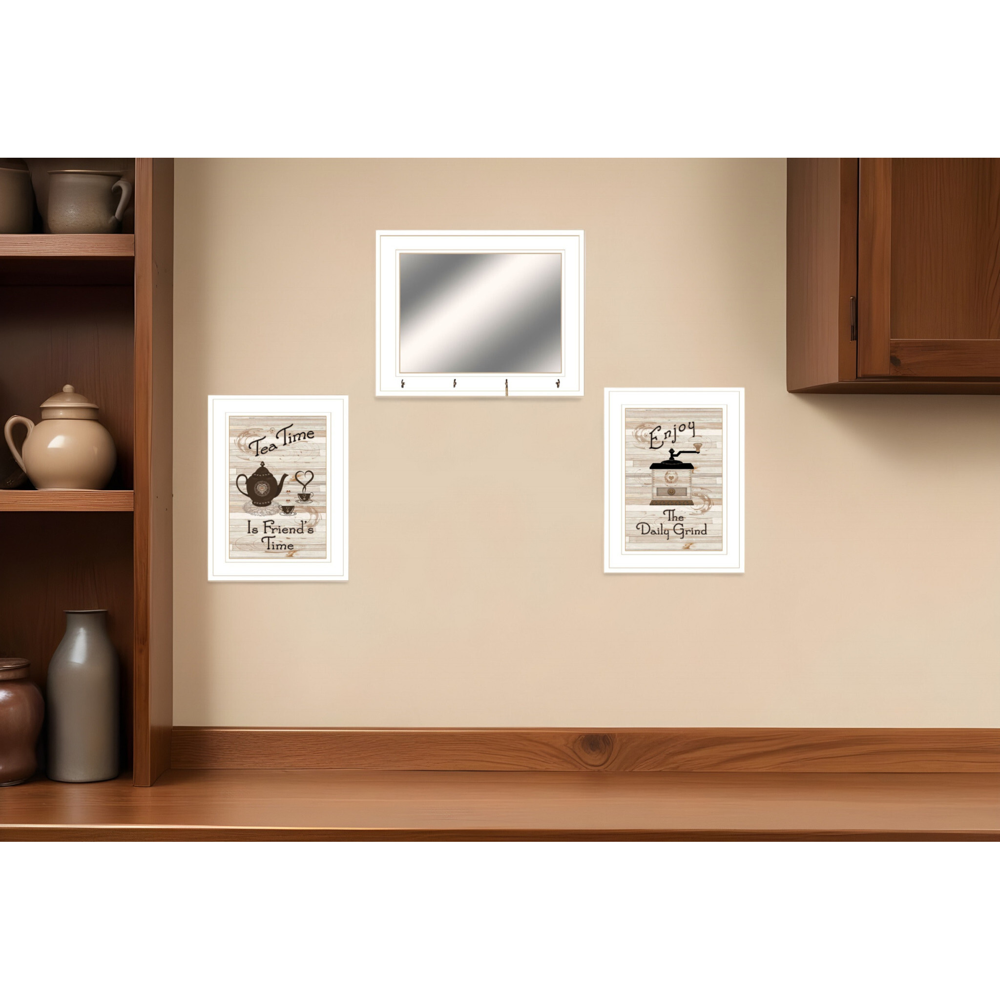 Set Of Three Coffee And Tea White Framed Kitchen Wall Art With Mirror And Hooks