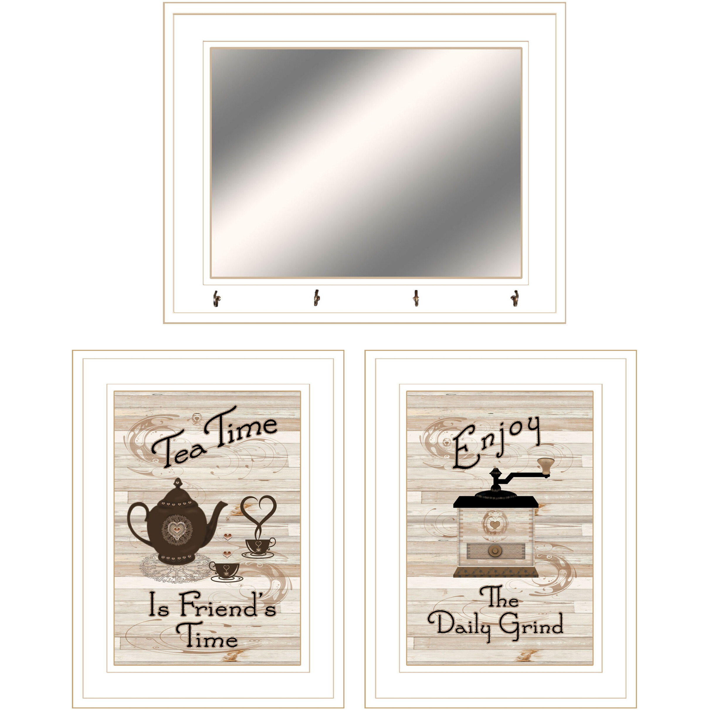 Set Of Three Coffee And Tea White Framed Kitchen Wall Art With Mirror And Hooks