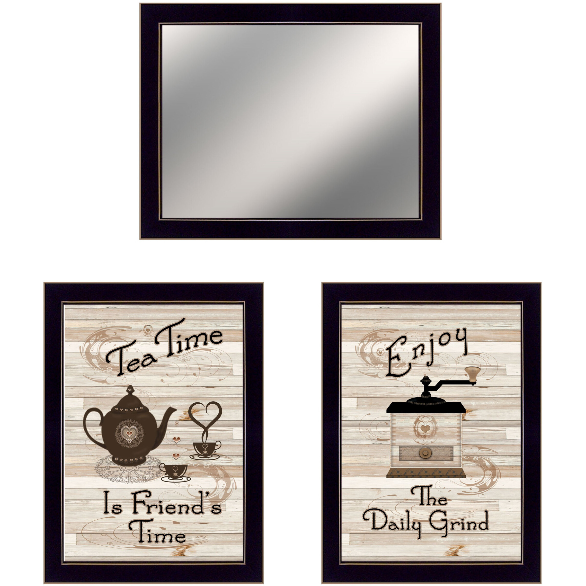 Set Of Three Coffee and Tea Time Black Framed Kitchen Wall Art With Mirror