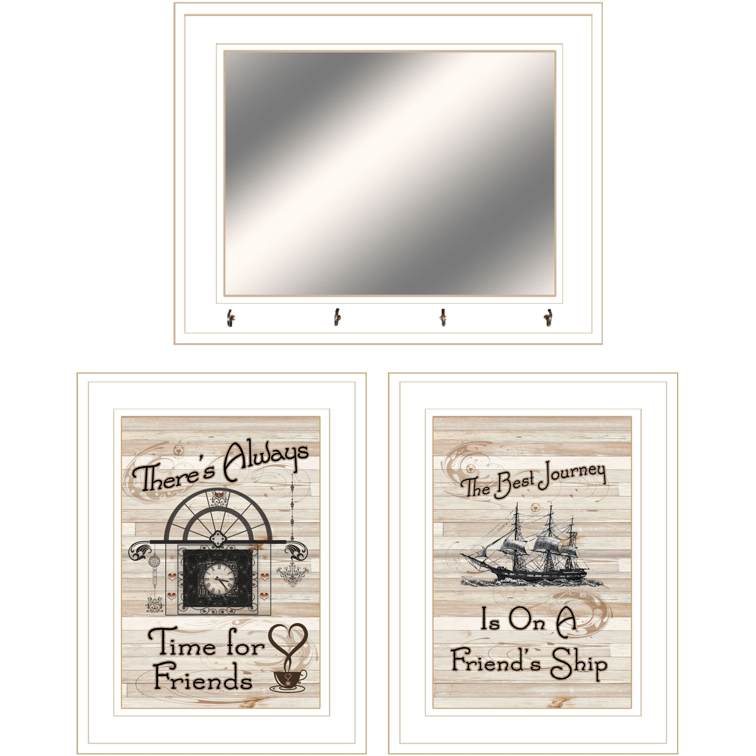 Set Of Three Friendship Journey White Framed Wall Art With Mirror And Hooks