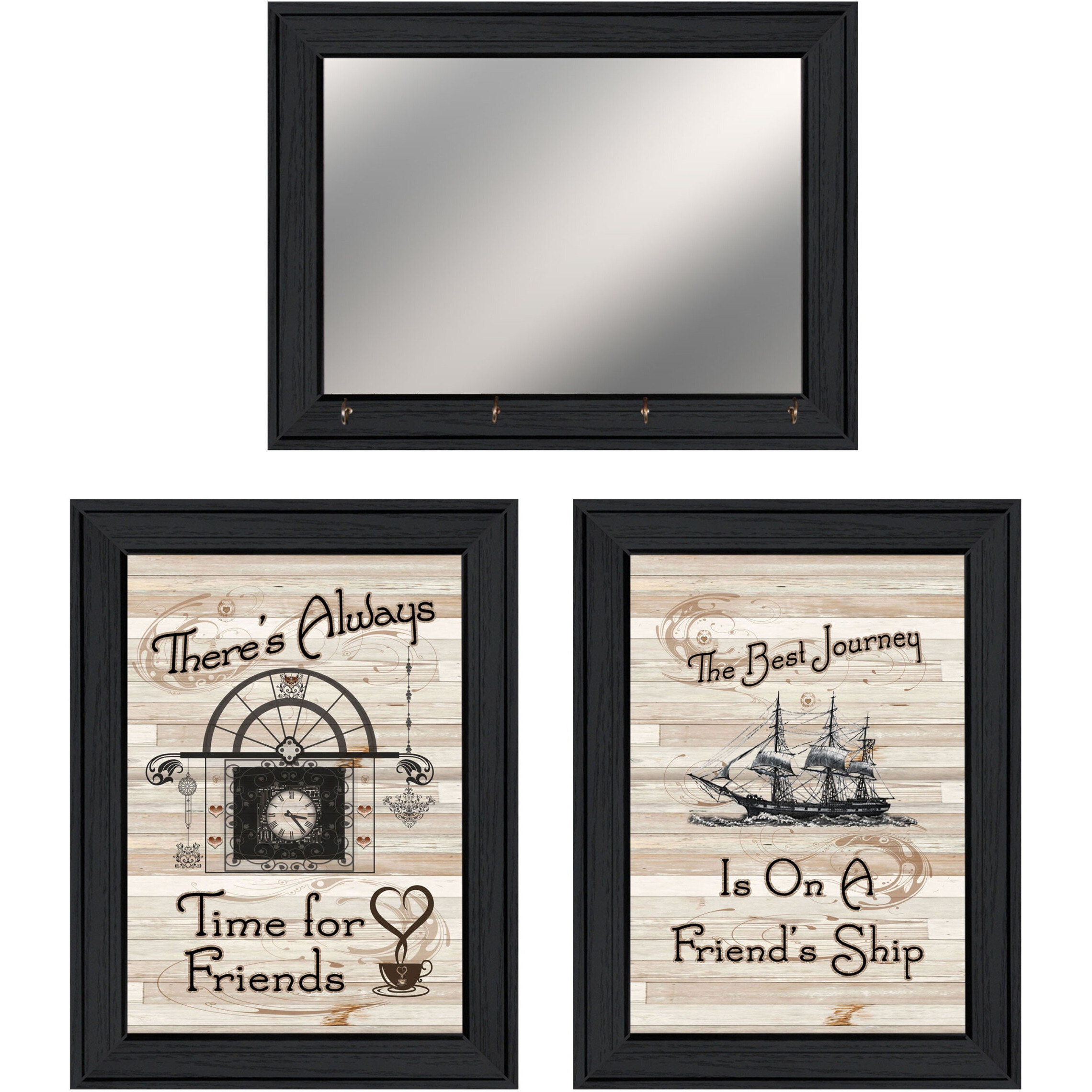 Set Of Three Friendship Journey Black Framed Wall Art With Mirror And Hooks