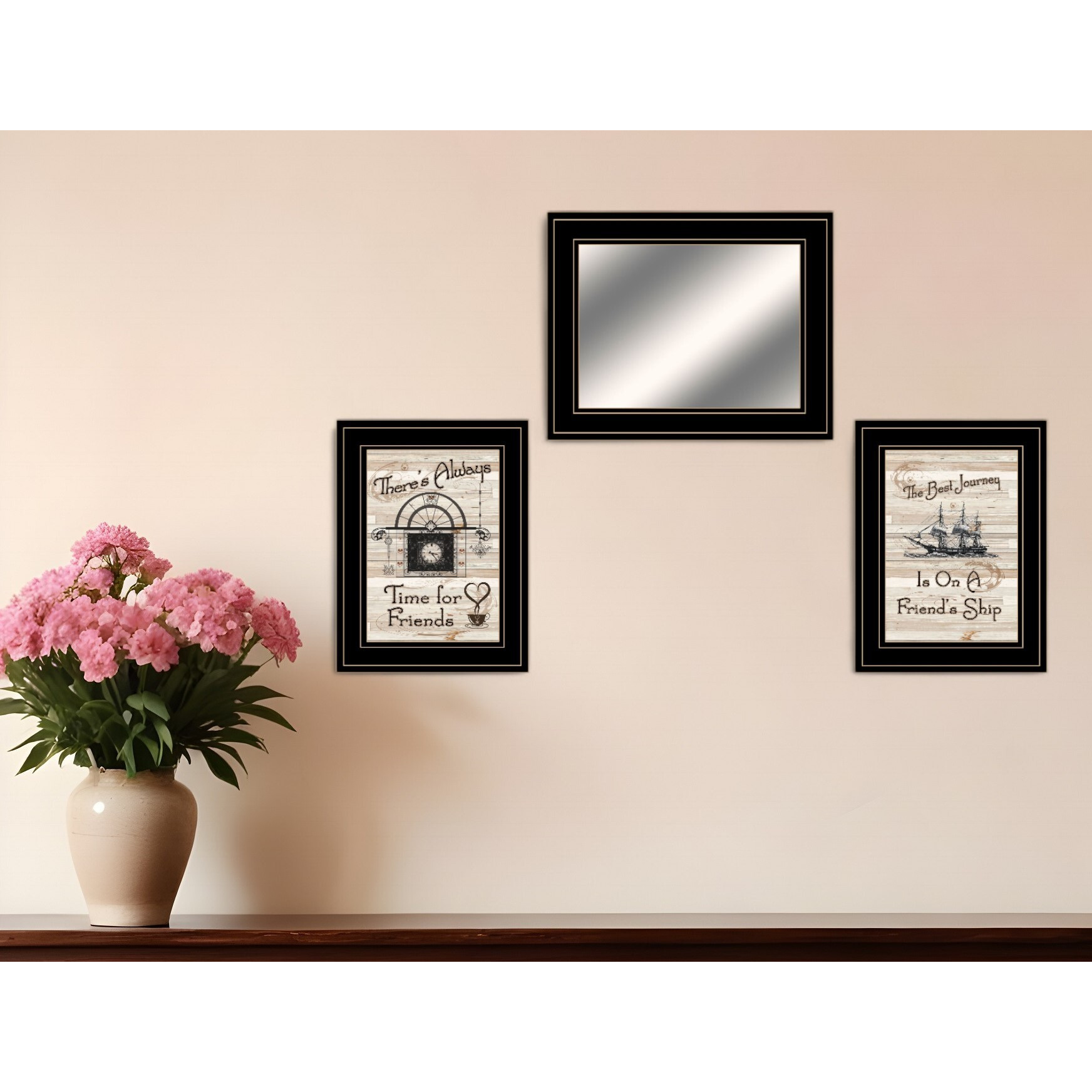 Set Of Three Friendship Journey Black Framed Wall Art With Mirror