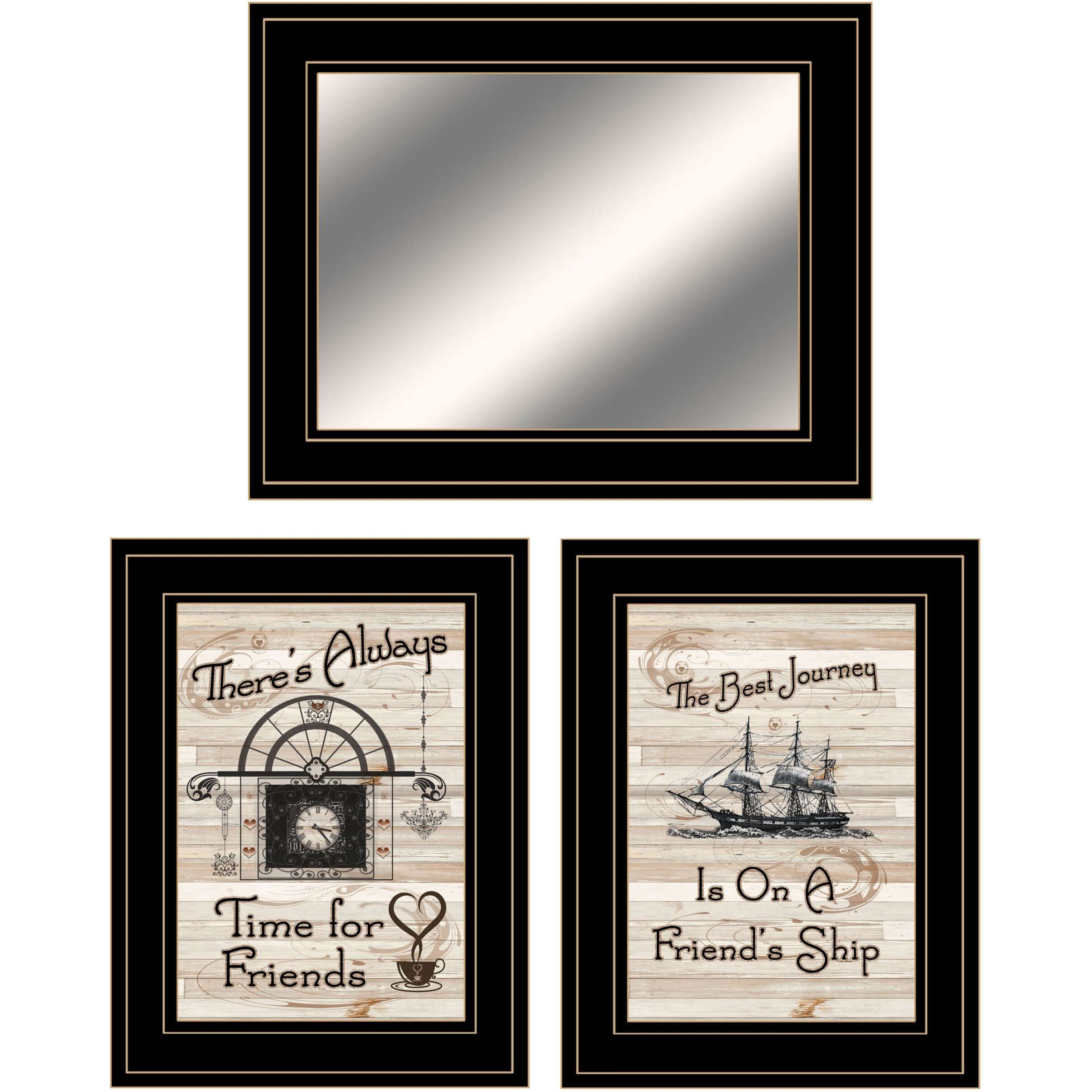 Set Of Three Friendship Journey Black Framed Wall Art With Mirror