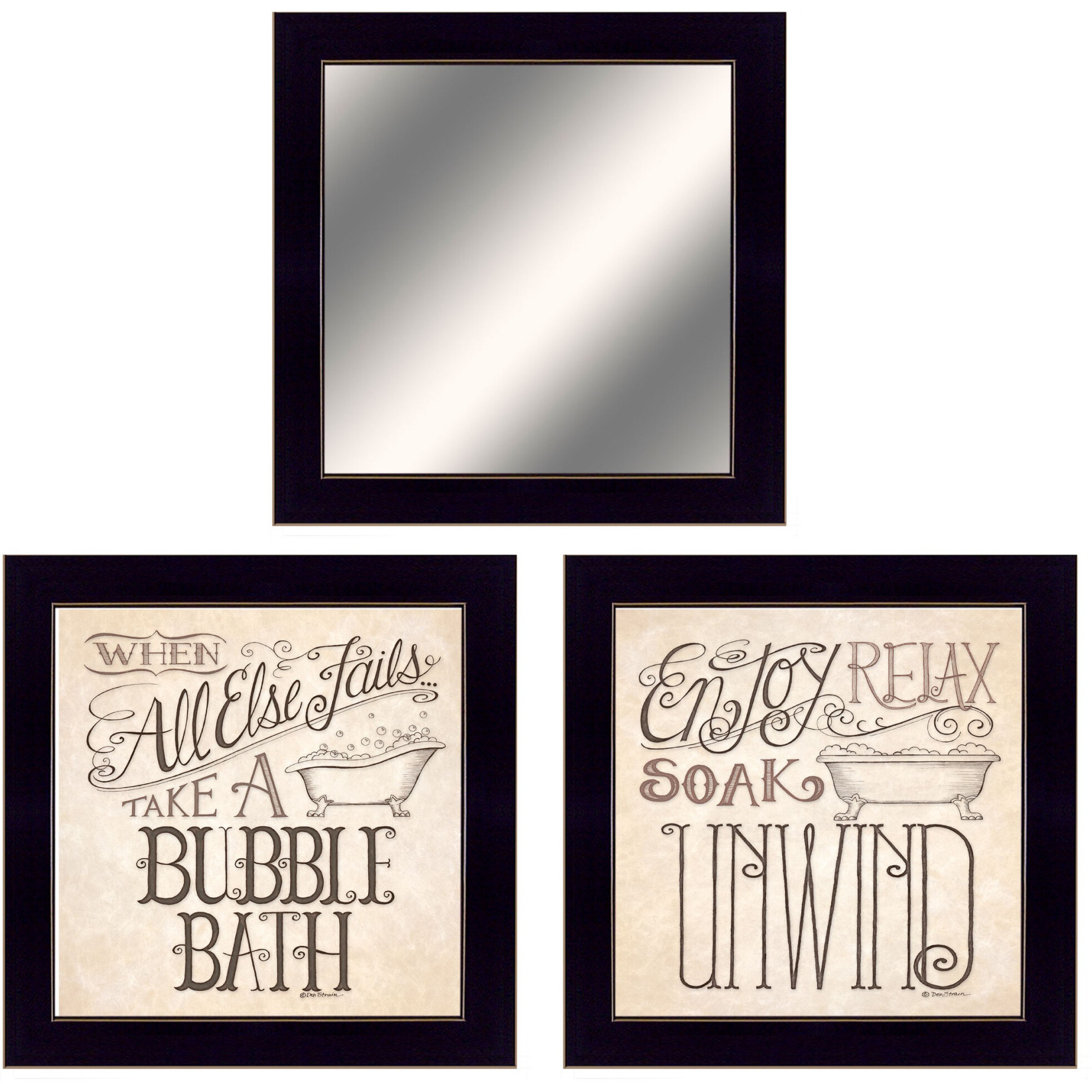 Set Of Three Soak and Unwind Black Framed Bathroom Wall Art With Mirror