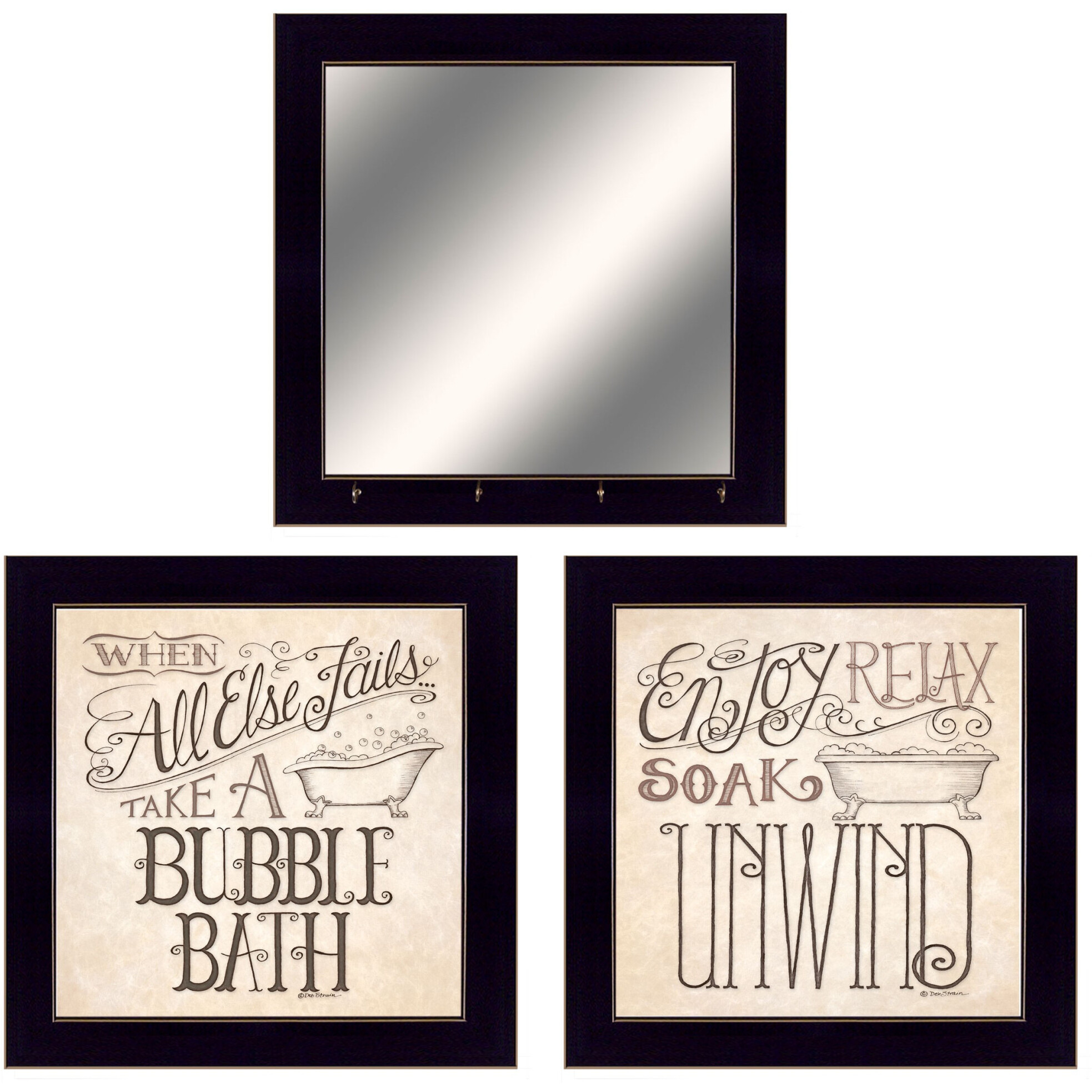 Set Of Three Soak and Unwind Black Framed Print Bathroom Wall Art