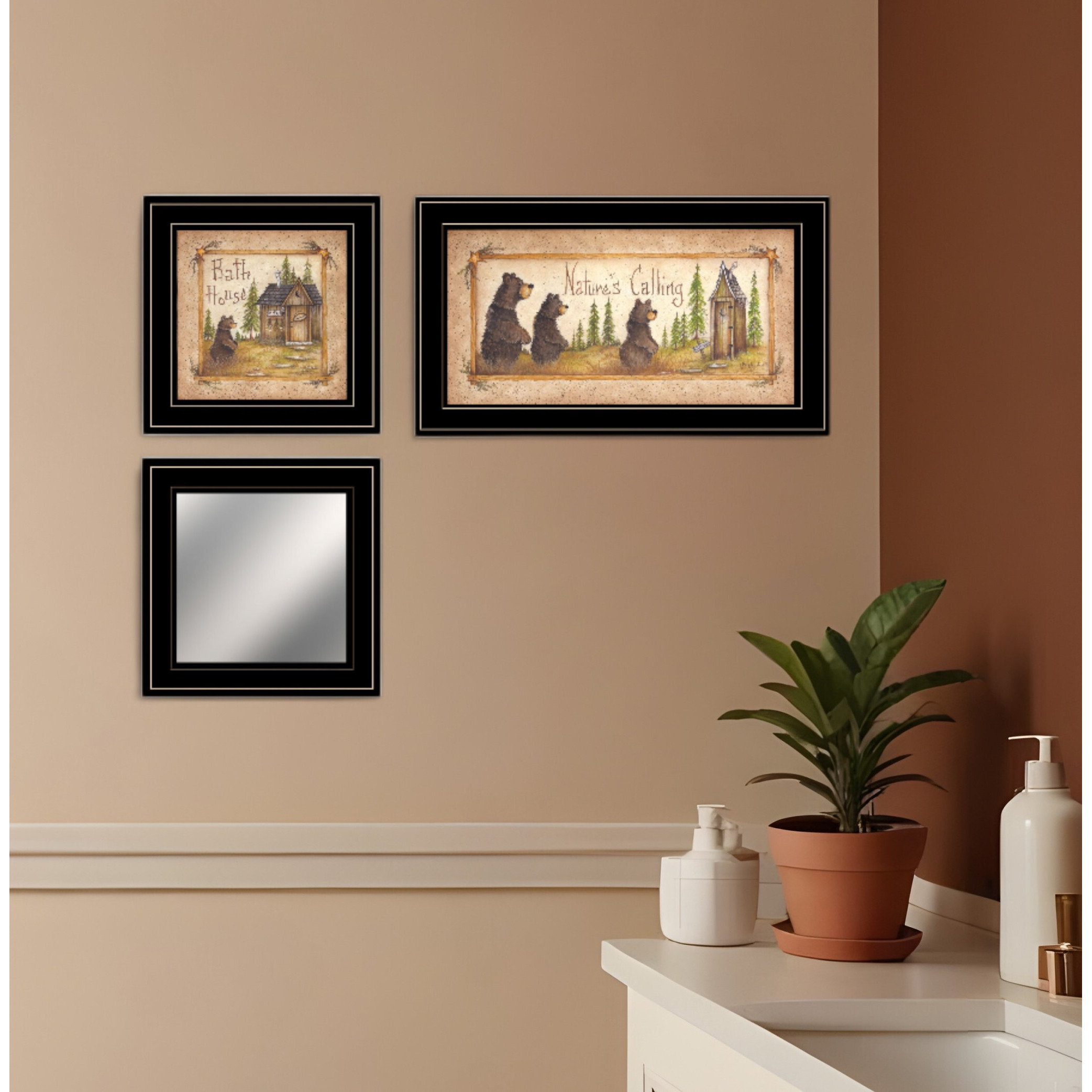Set Of Three Natures Calling Black Framed Bathroom Wall Art With Mirror