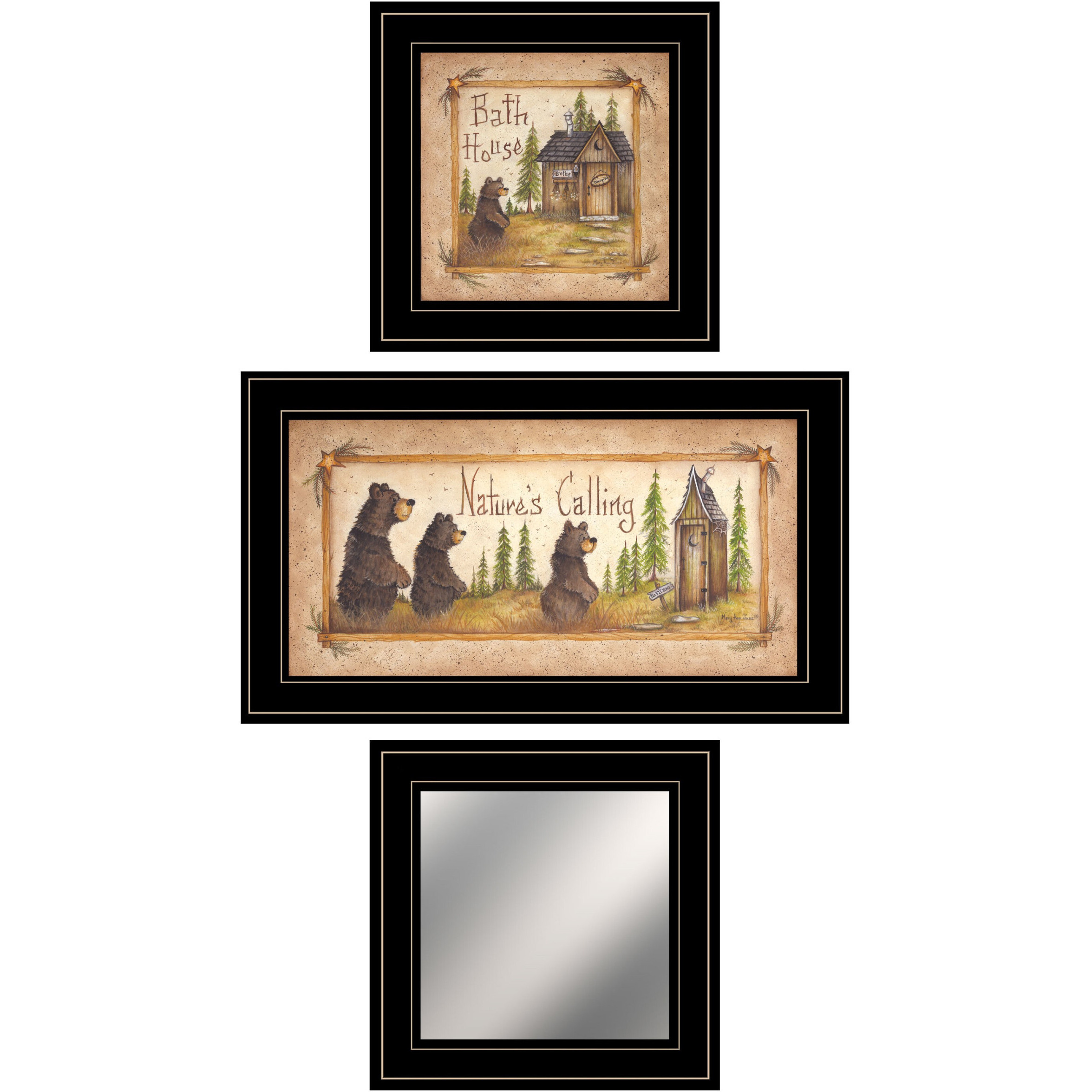 Set Of Three Natures Calling Black Framed Bathroom Wall Art With Mirror