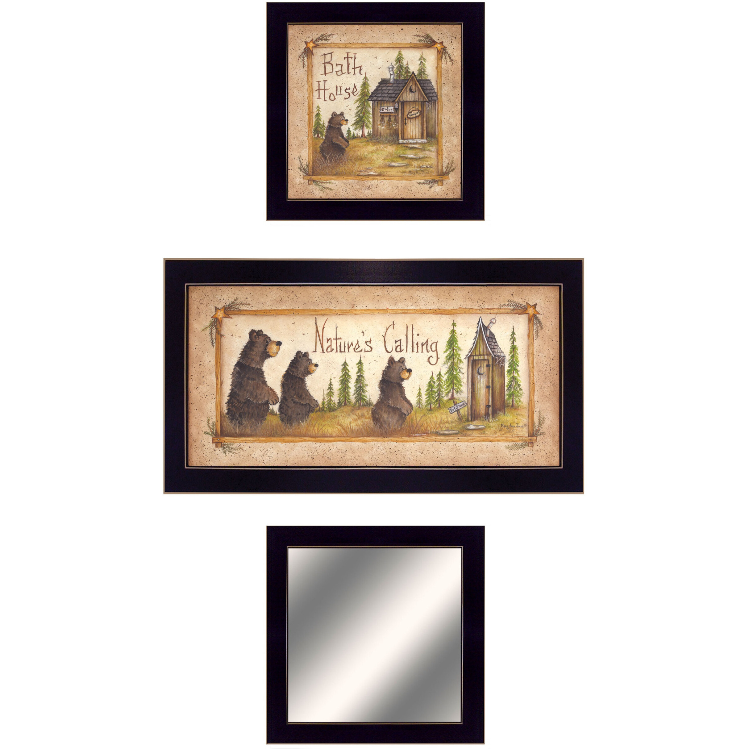 Set Of Three Natures Calling Black Framed Bathroom Wall Art With Mirror