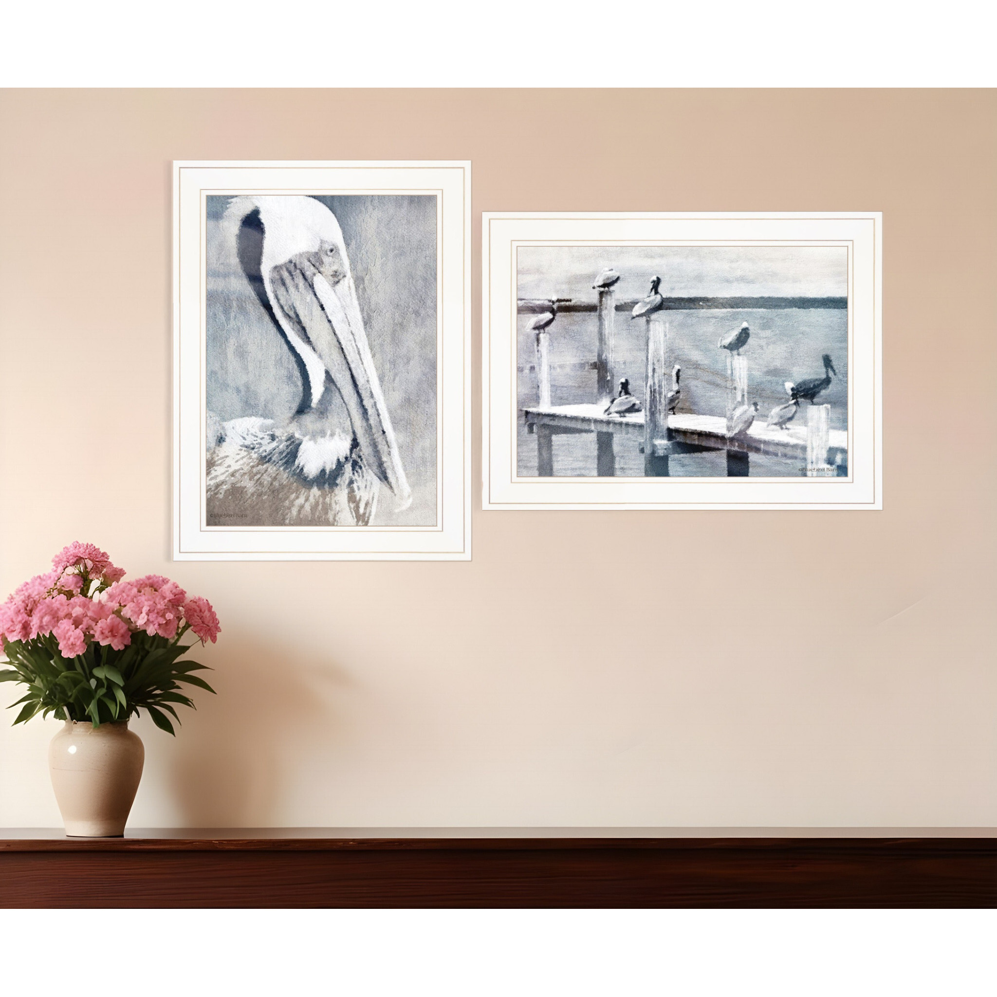 Set Of Two Pelican Party White Framed Coastal Wall Art