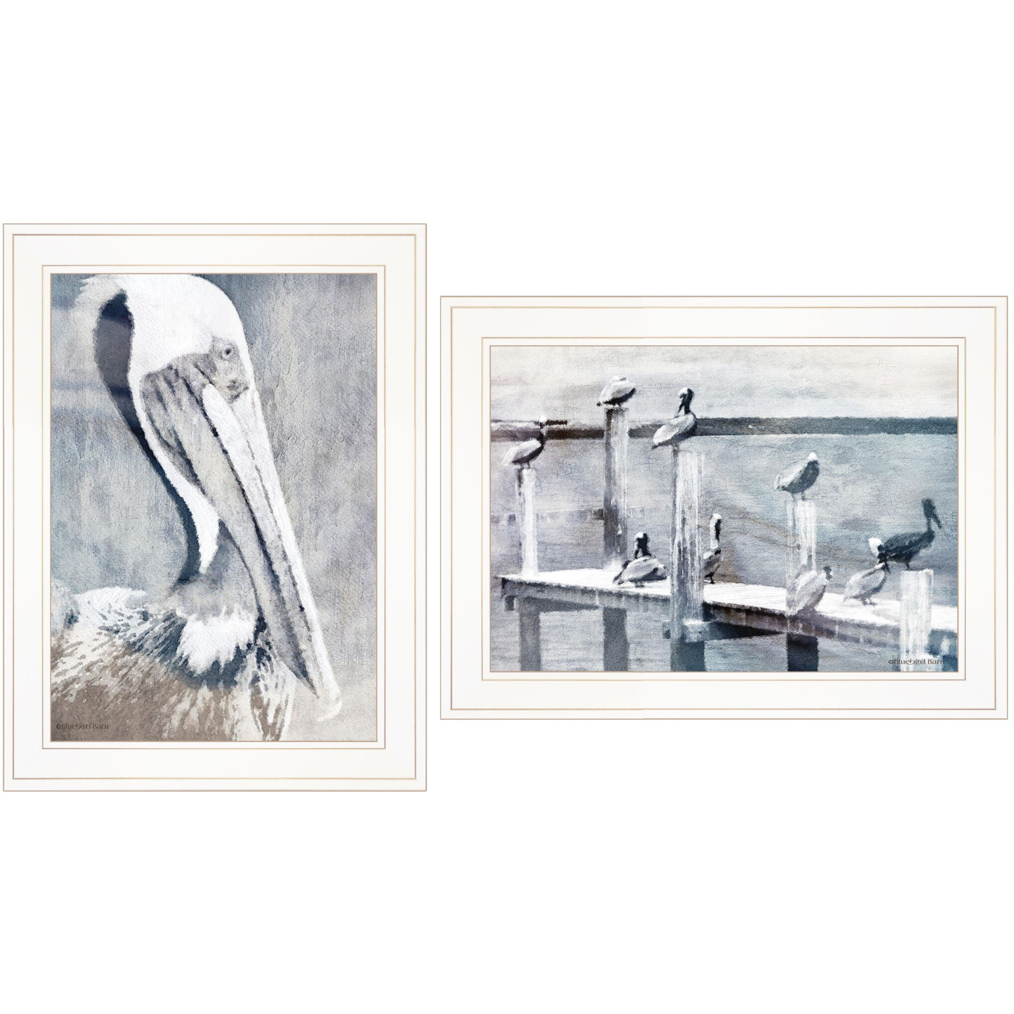 Set Of Two Pelican Party White Framed Coastal Wall Art