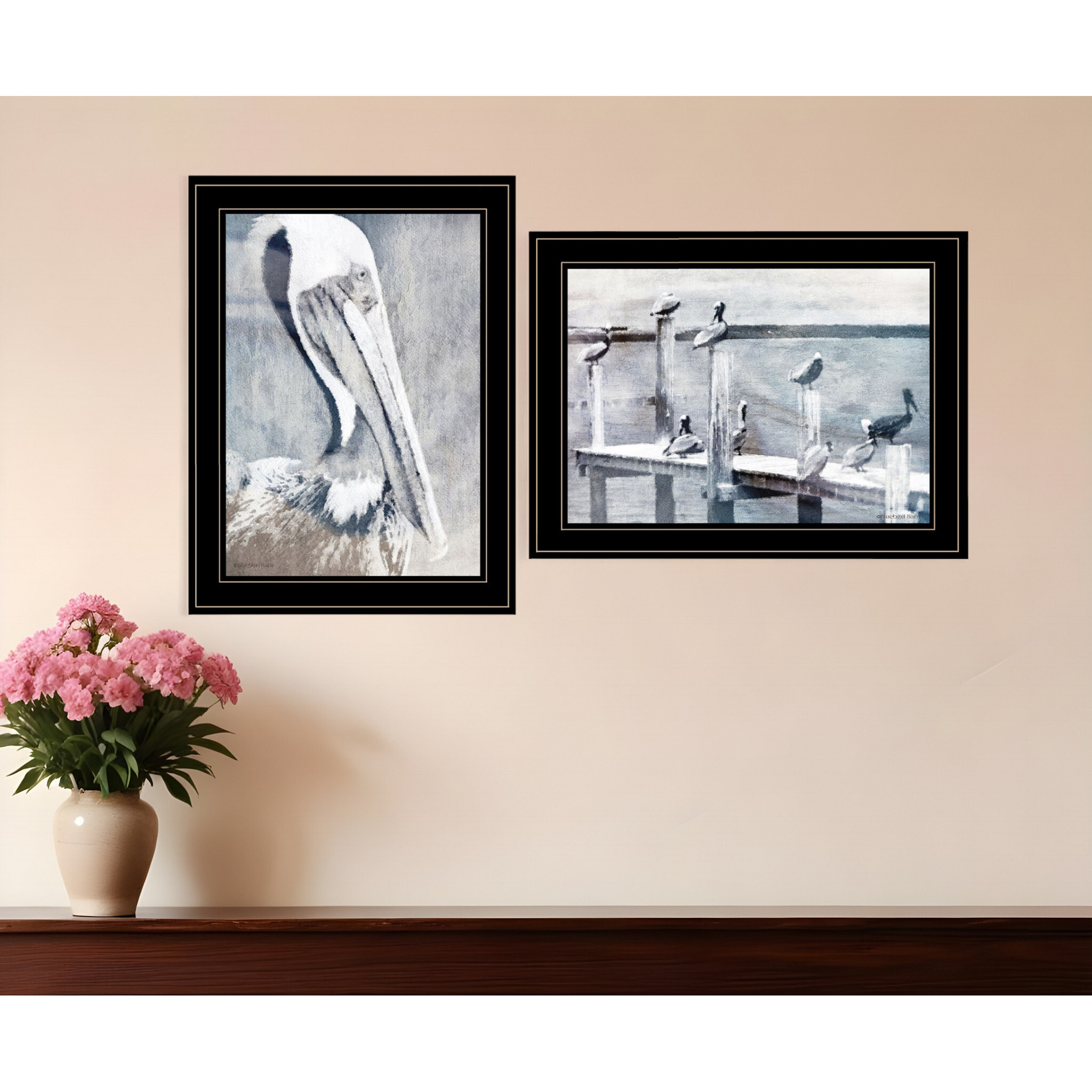 Set Of Two Pelican Party Black Framed Coastal Wall Art