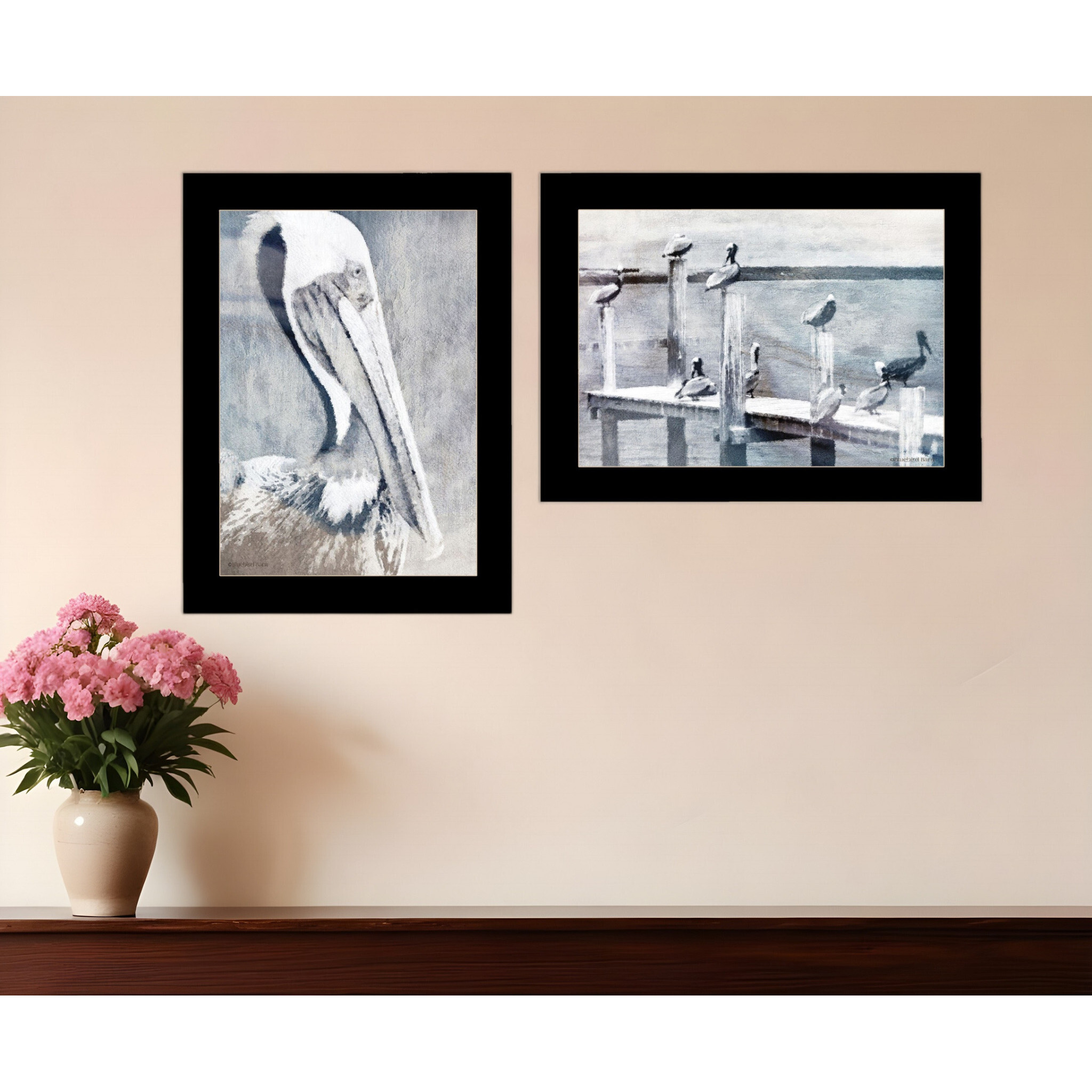 Set Of Two Pelican Party Black Framed Coastal Wall Art
