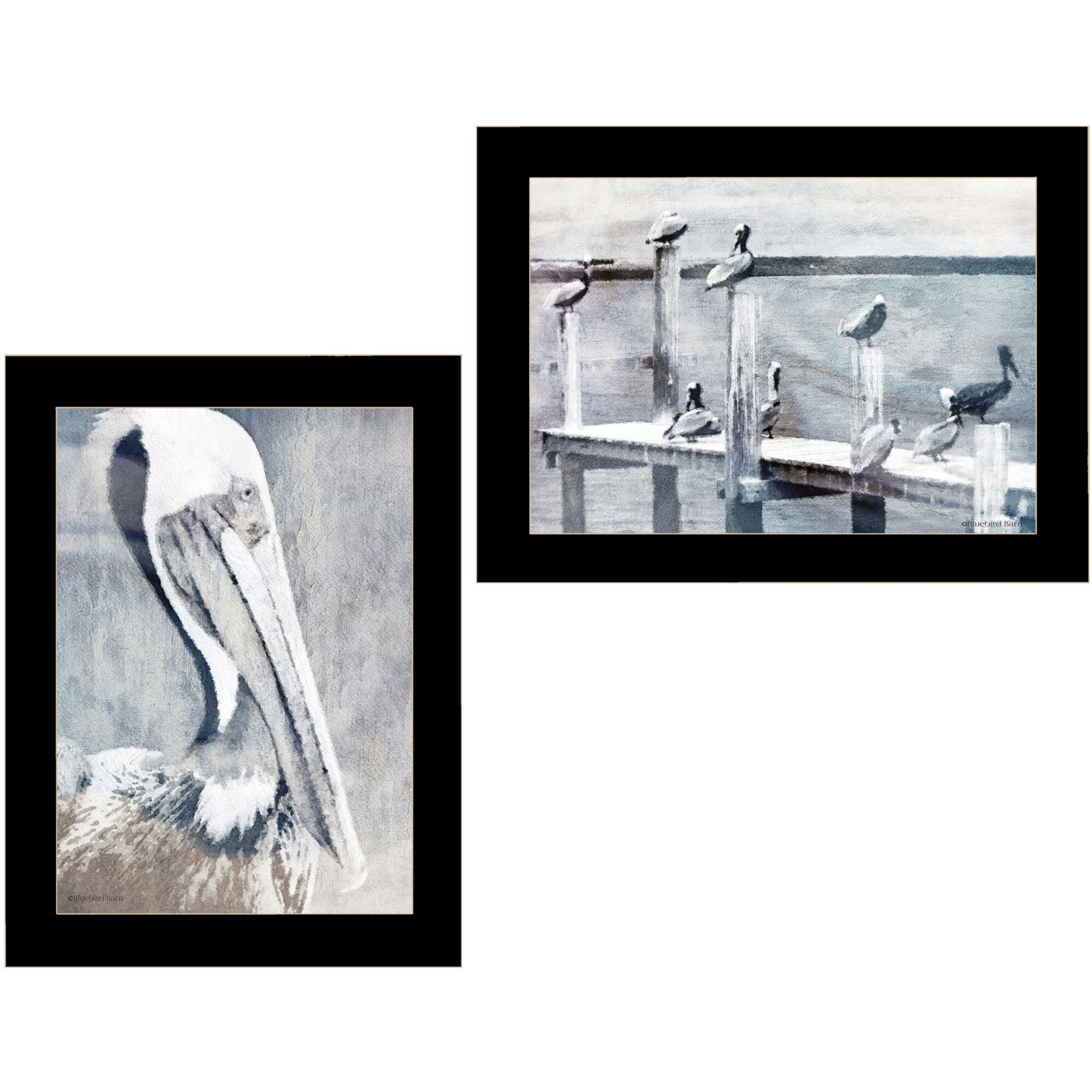 Set Of Two Pelican Party Black Framed Coastal Wall Art