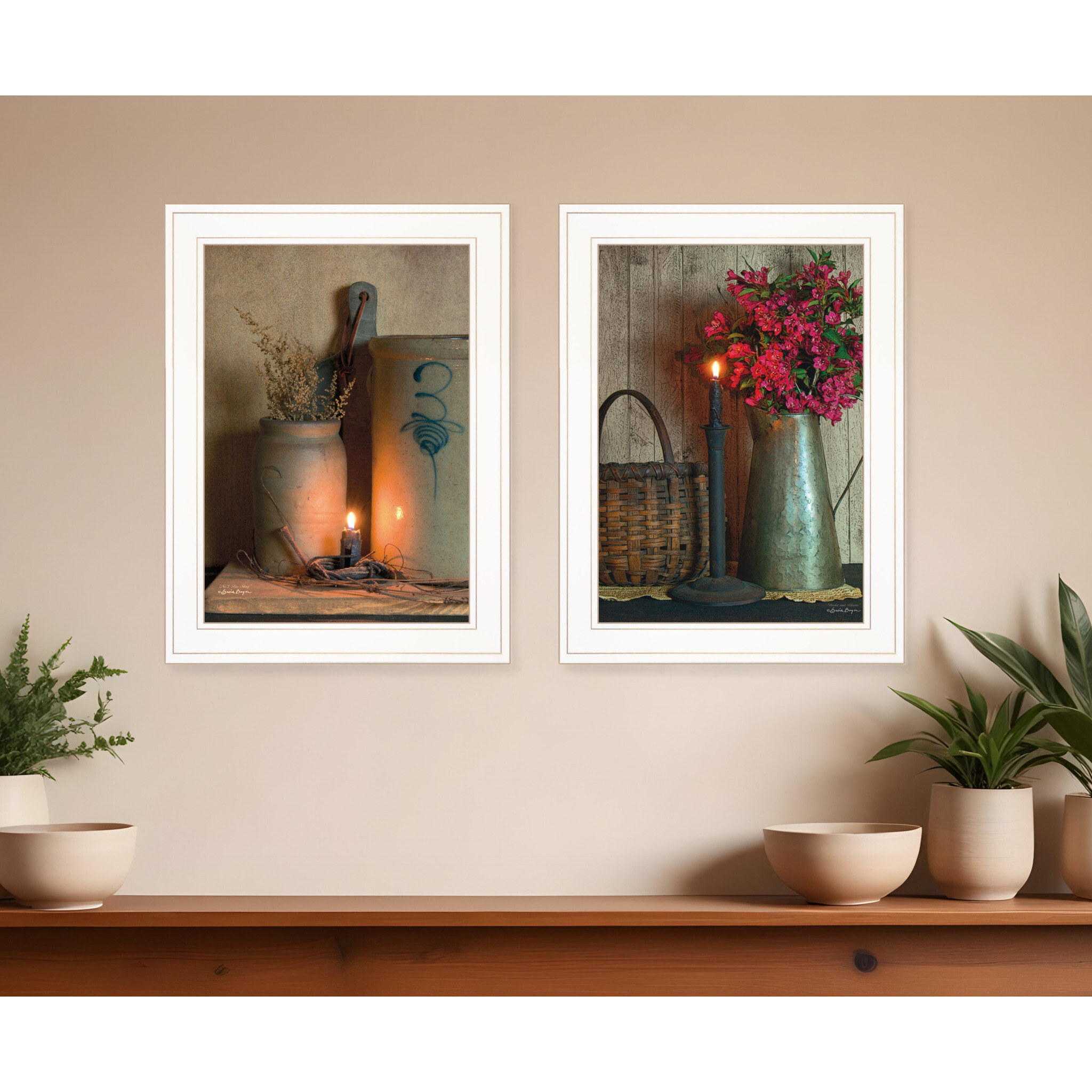Set Of Two Country Candlelight White Framed Print Wall Art
