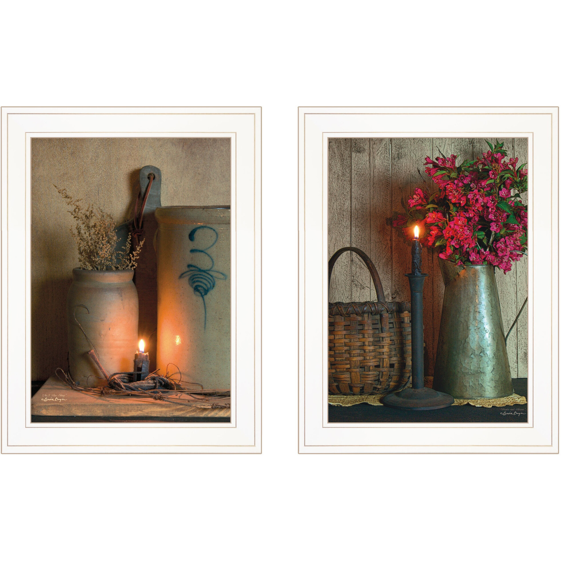 Set Of Two Country Candlelight White Framed Print Wall Art