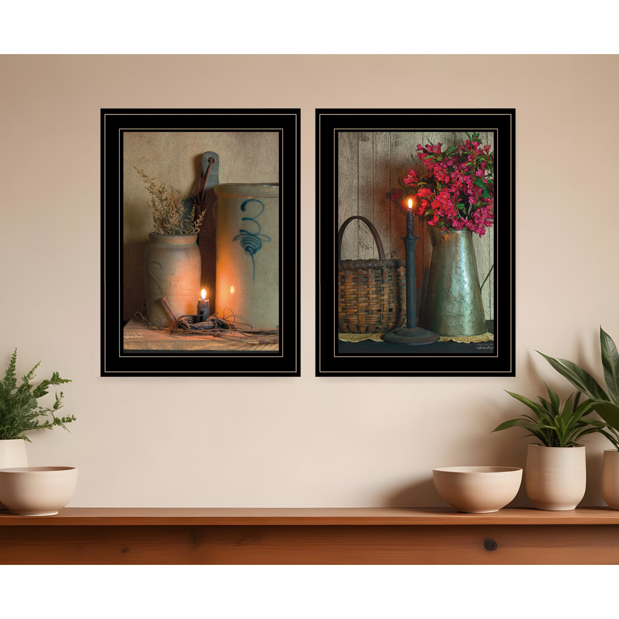 Set Of Two Country Candlelight Black Framed Print Wall Art