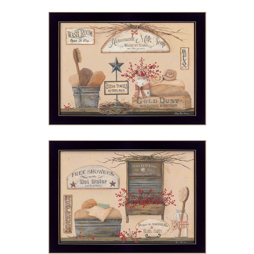 Set Of Two Wash Room Black Framed Print Bathroom Wall Art