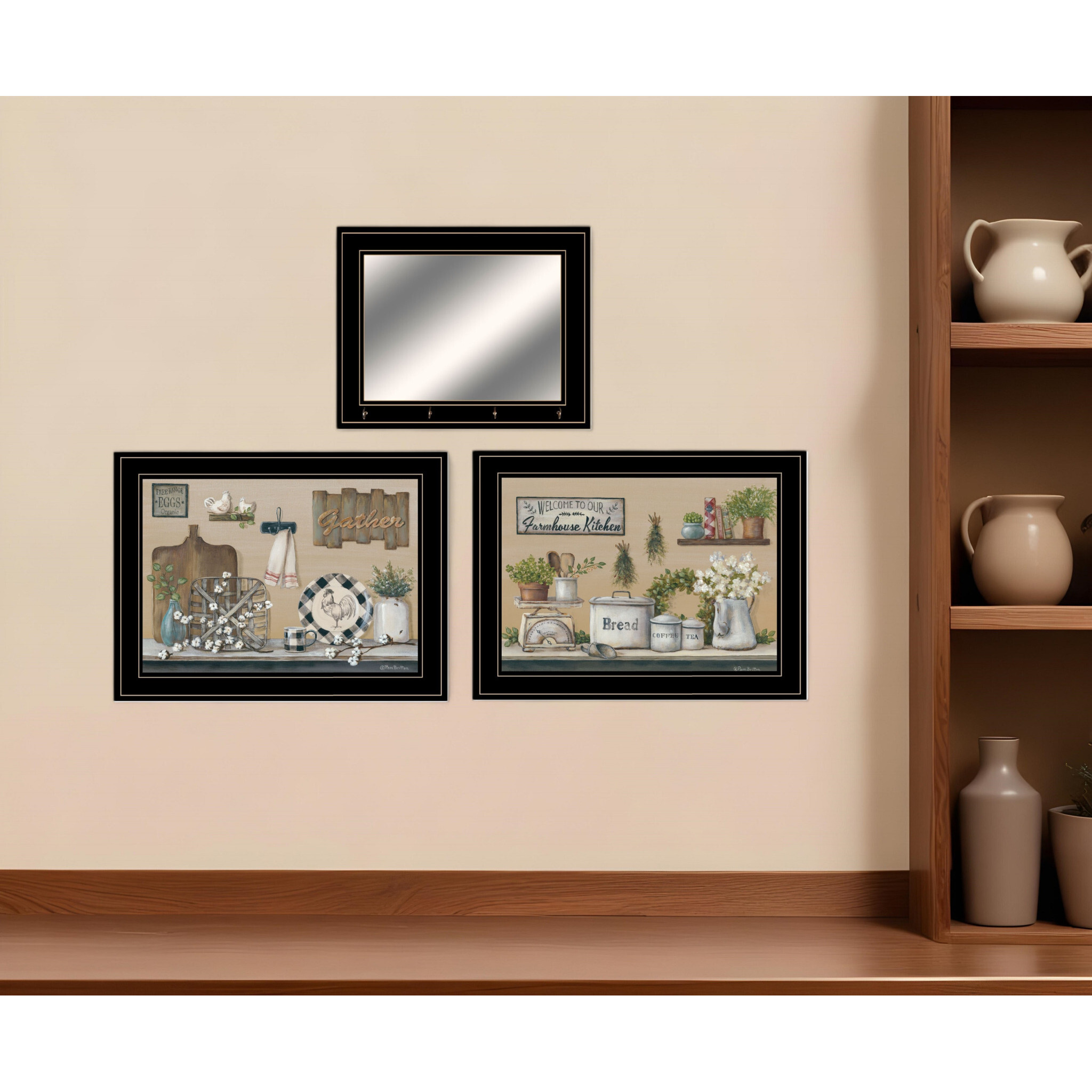 Set Of Three Farmhouse Kitchen Black Framed Kitchen Wall Art With Mirror And Hooks