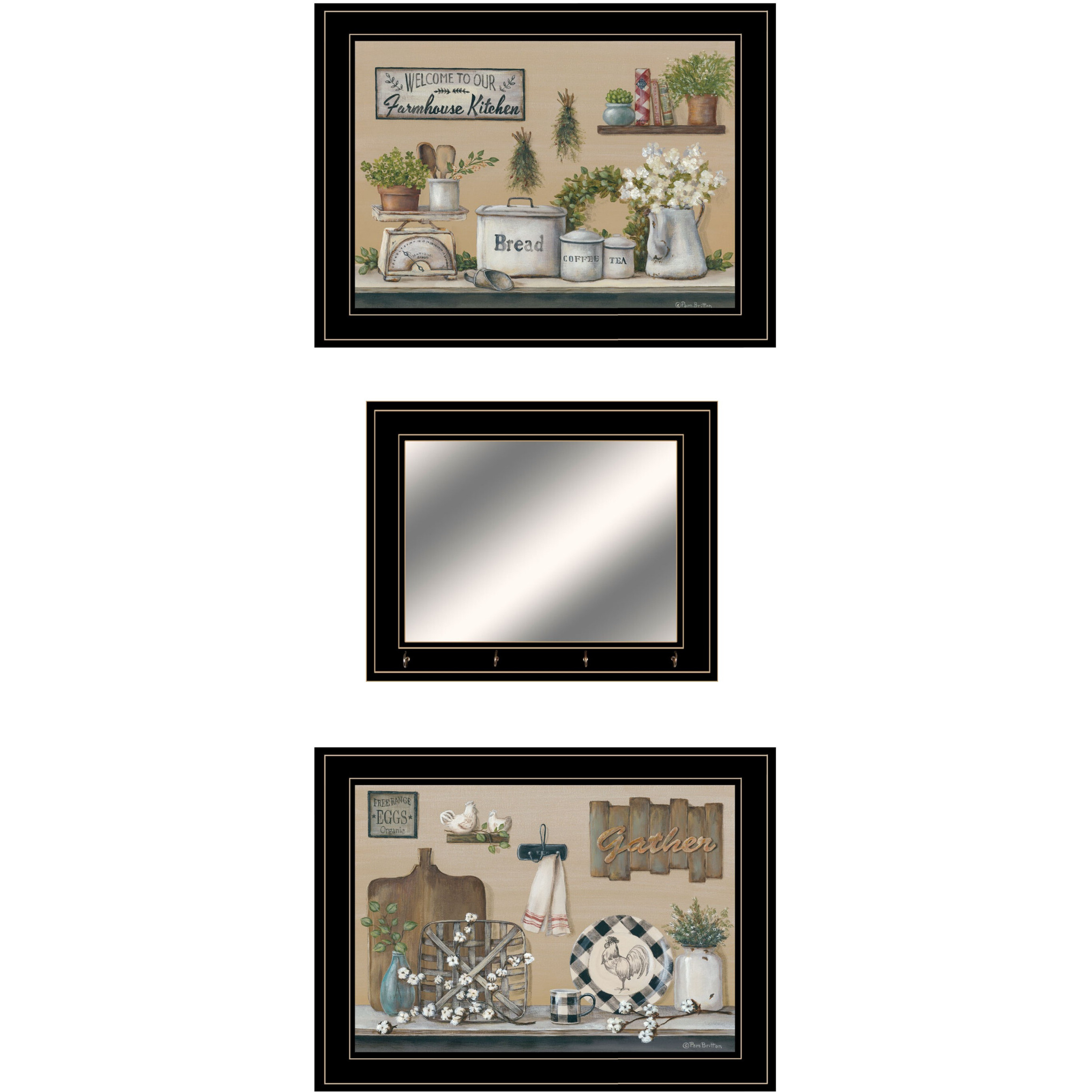 Set Of Three Farmhouse Kitchen Black Framed Kitchen Wall Art With Mirror And Hooks