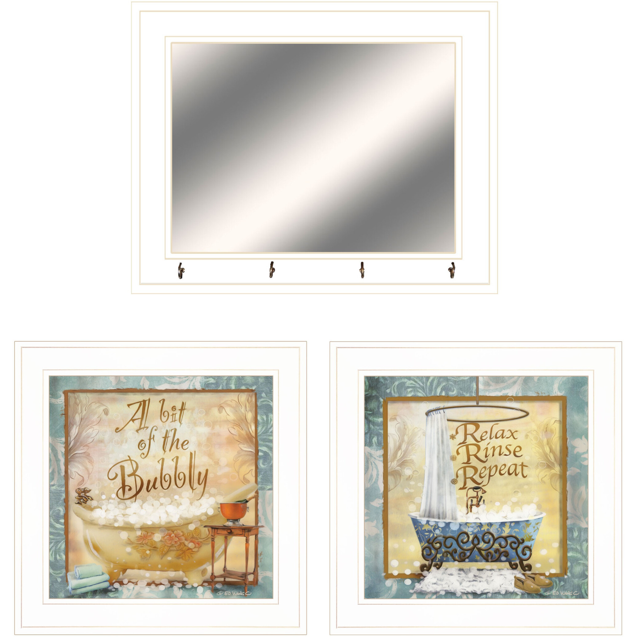 Set Of Three Bit of Bubbly White Framed Bathroom Wall Art With Mirror And Hooks