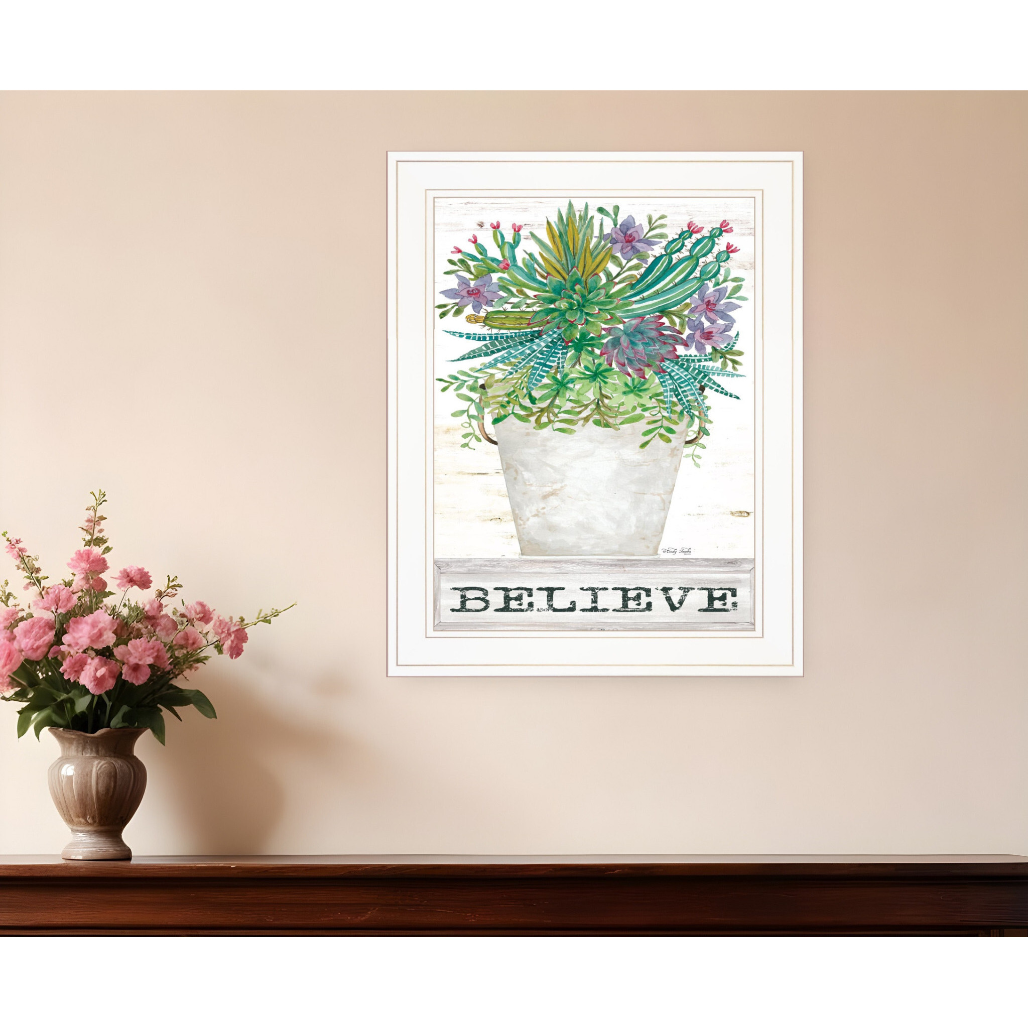 Believe Succulents White Framed Print Wall Art