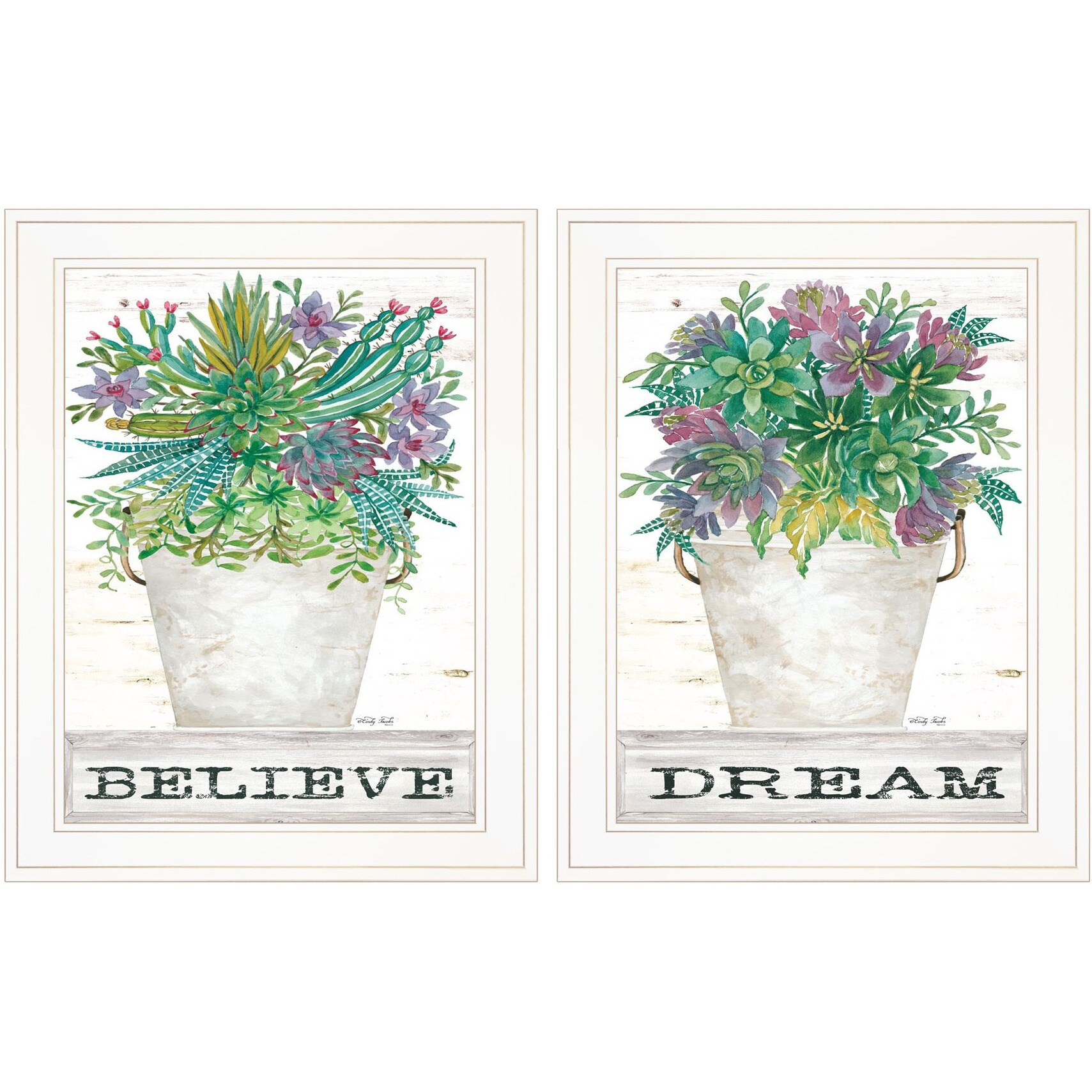 Set Of Two Succulents Dream and Believe White Framed Print Wall Art