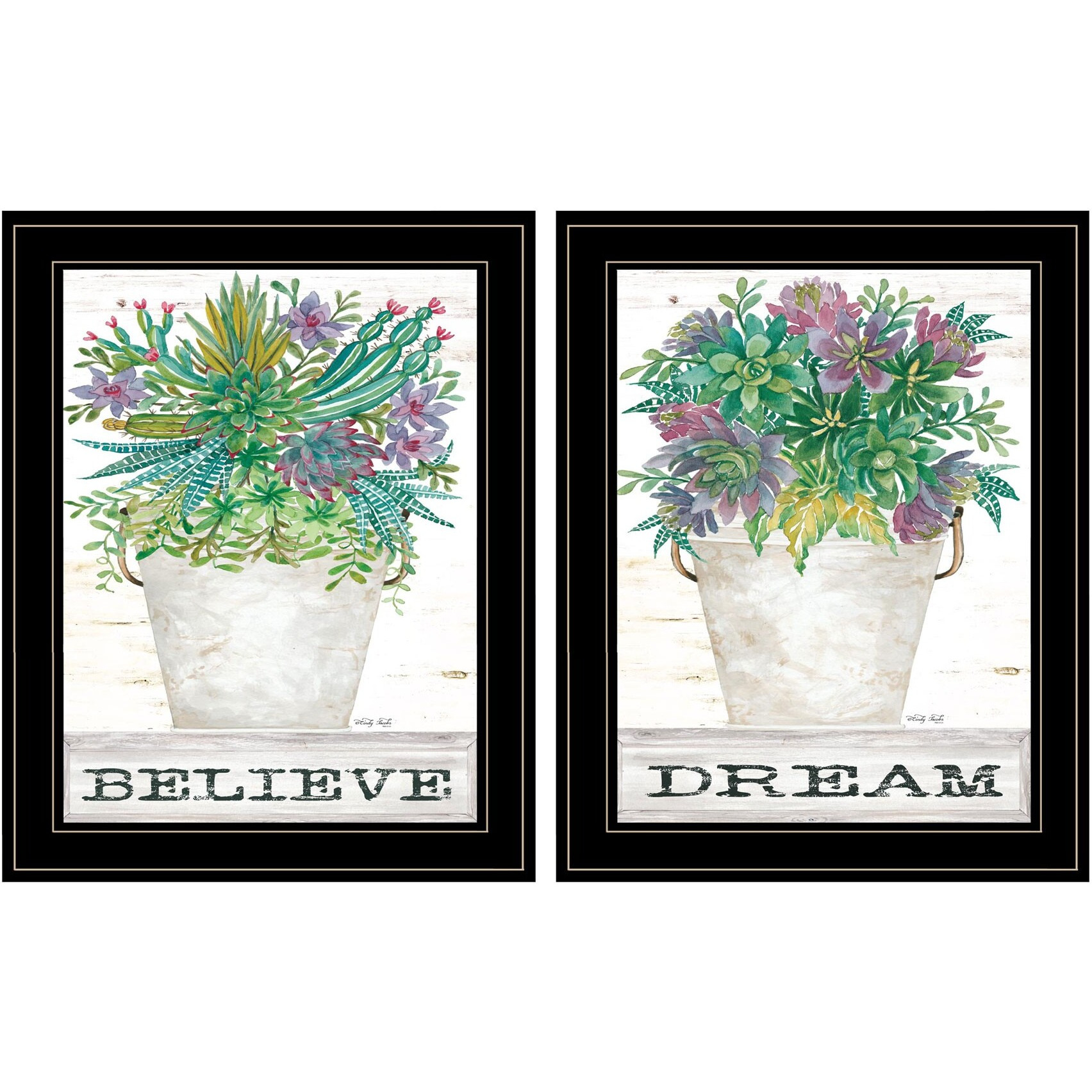 Set Of Two Succulents Dream and Believe Black Framed Print Wall Art