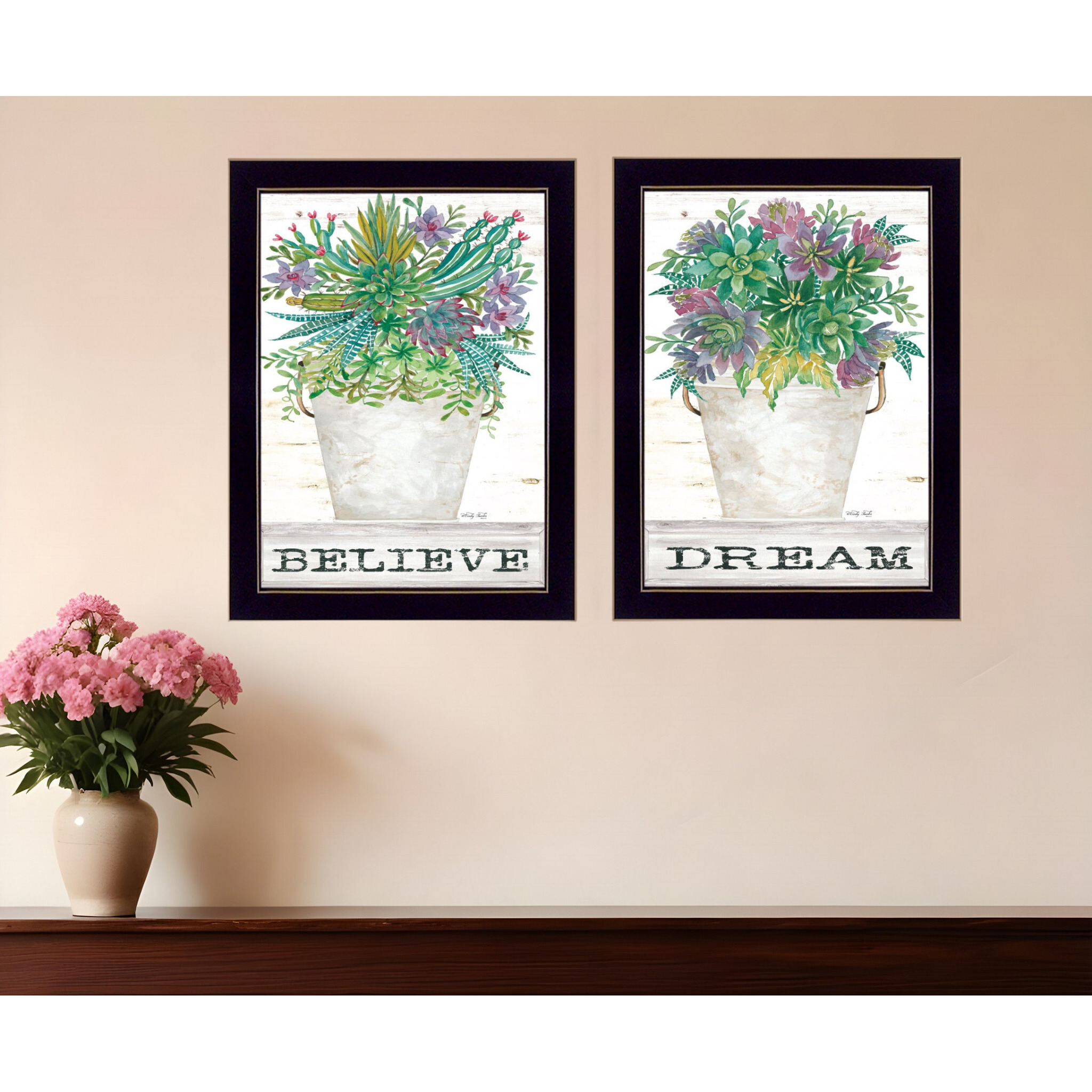 Set Of Two Succulents Dream and Believe Black Framed Print Wall Art
