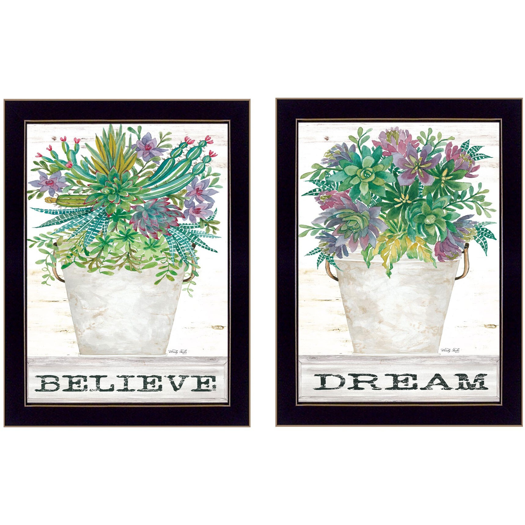 Set Of Two Succulents Dream and Believe Black Framed Print Wall Art