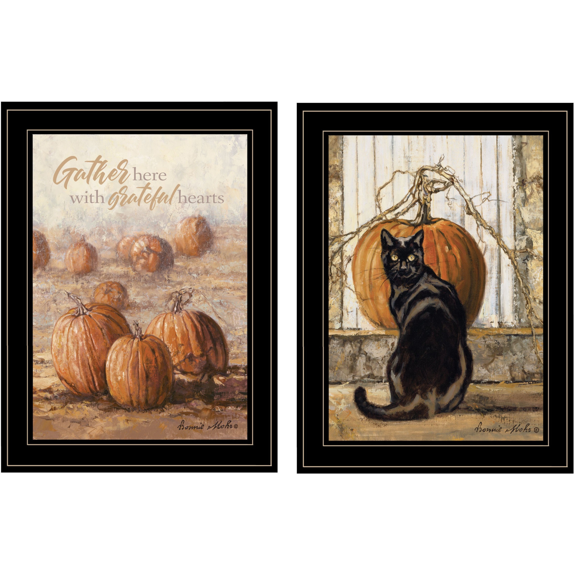 Set Of Two Pumpkins with A Black Cat Black Framed Print Wall Art