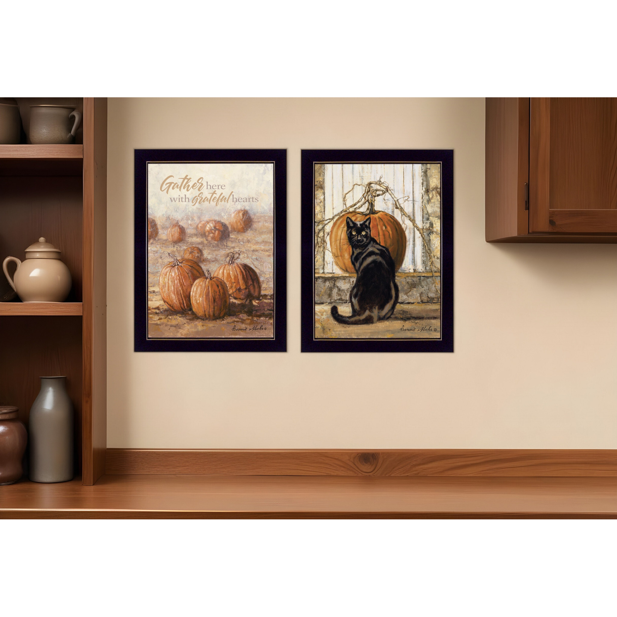 Set Of Two Pumpkins with A Black Cat Black Framed Print Wall Art