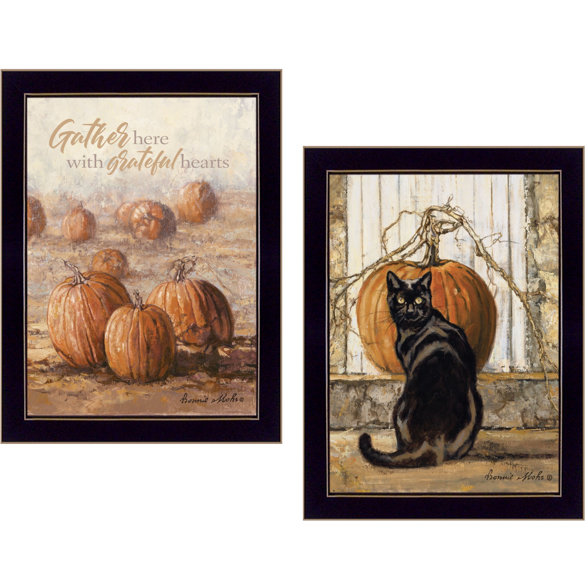 Set Of Two Pumpkins with A Black Cat Black Framed Print Wall Art