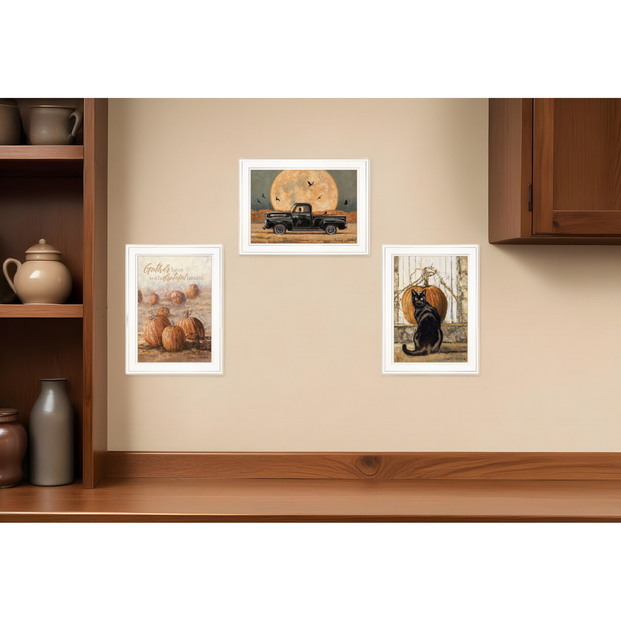 Set Of Three Harvest Moon White Framed Print Kitchen Wall Art
