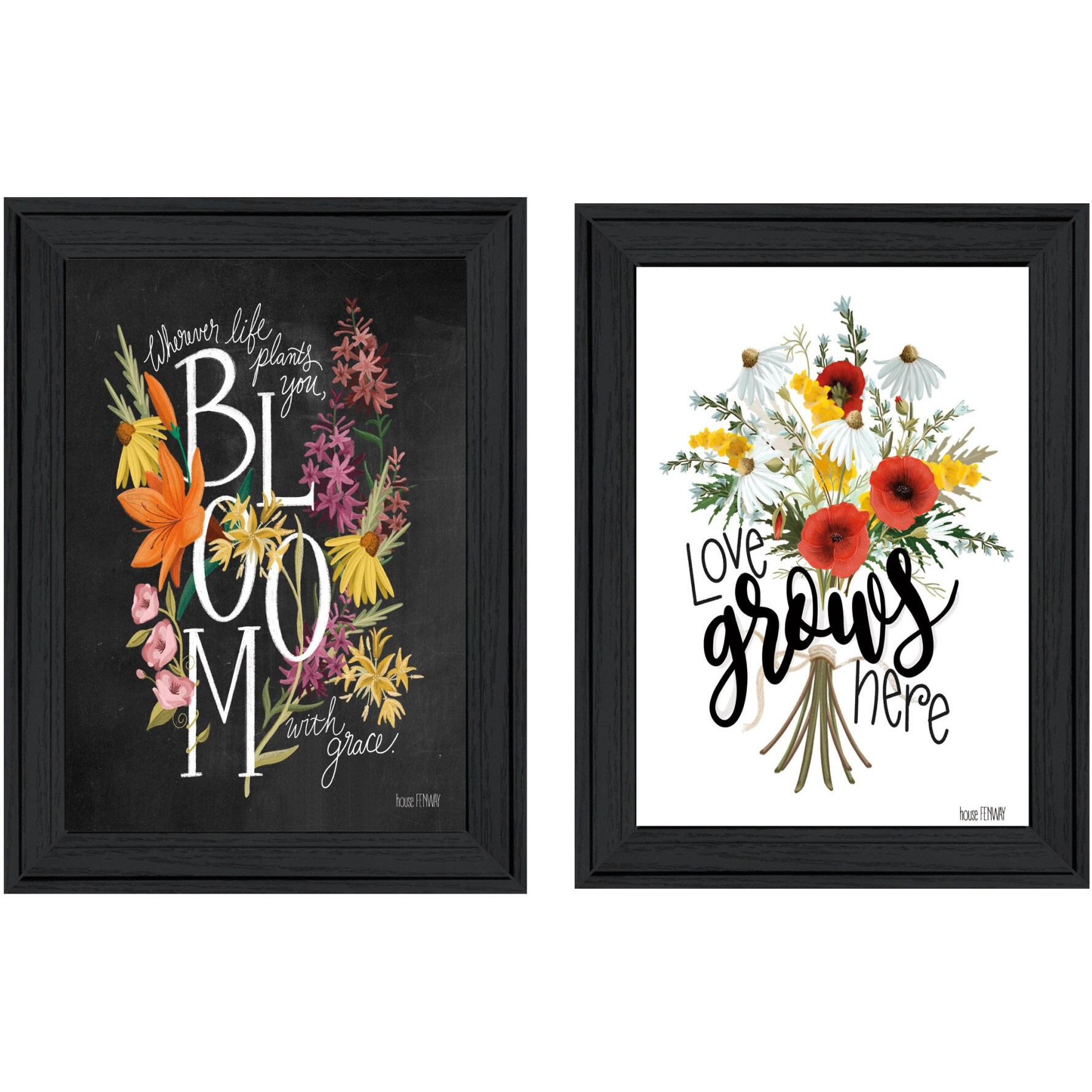 Set Of Two Love and Bloom Black Framed Print Wall Art