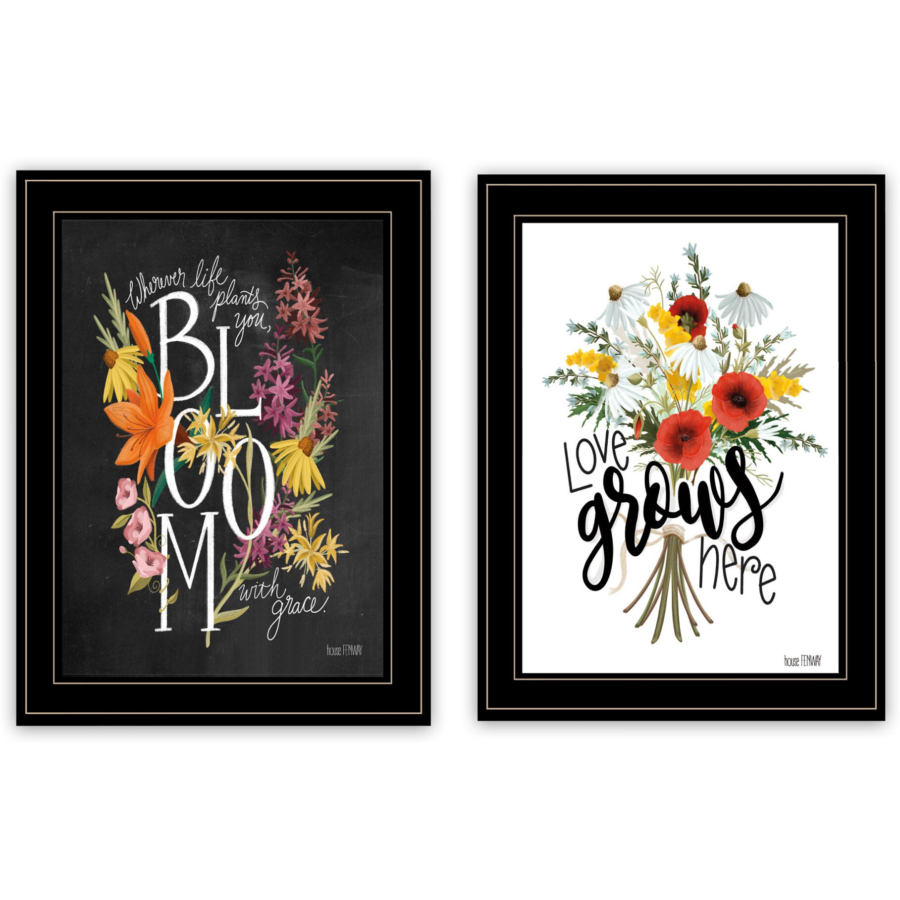 Set Of Two Love and Bloom Black Framed Print Wall Art