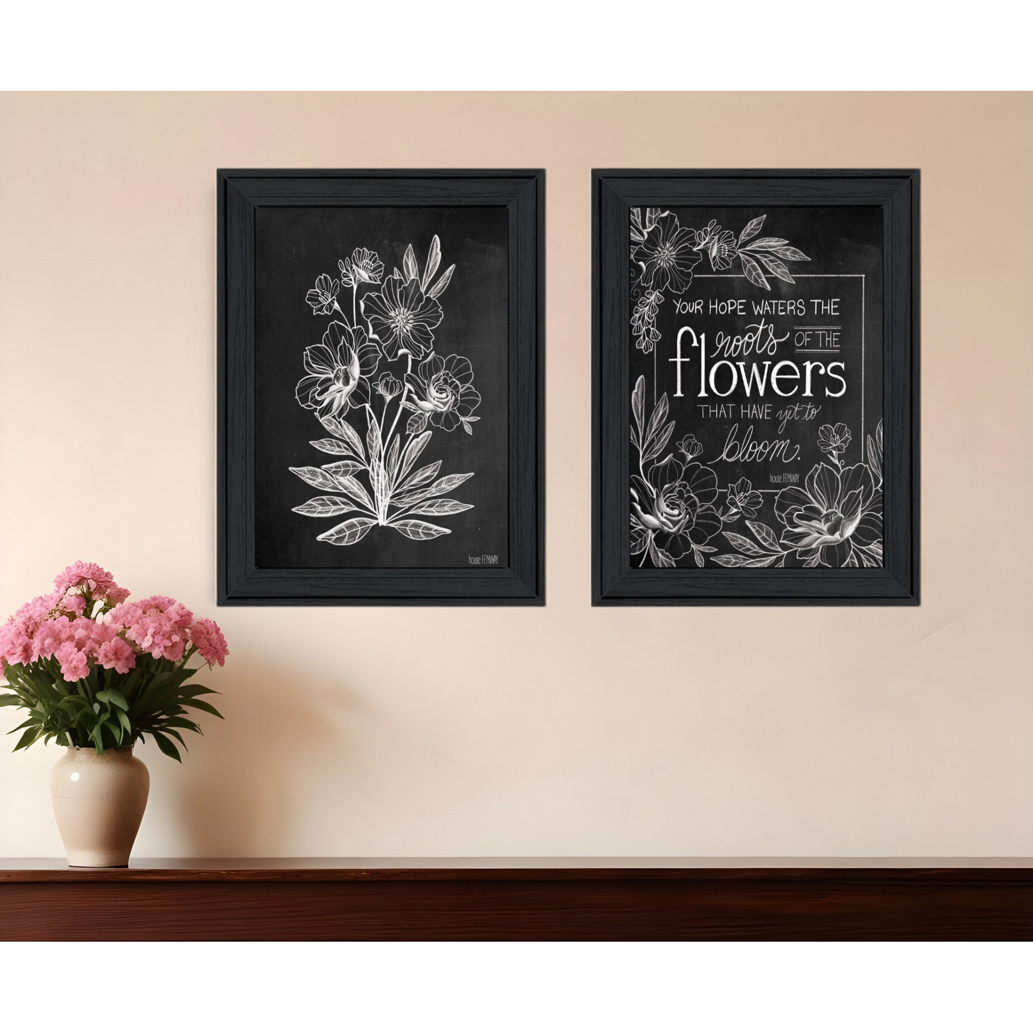 Set Of Two Vintage Flowers in Bloom Black Framed Print Wall Art