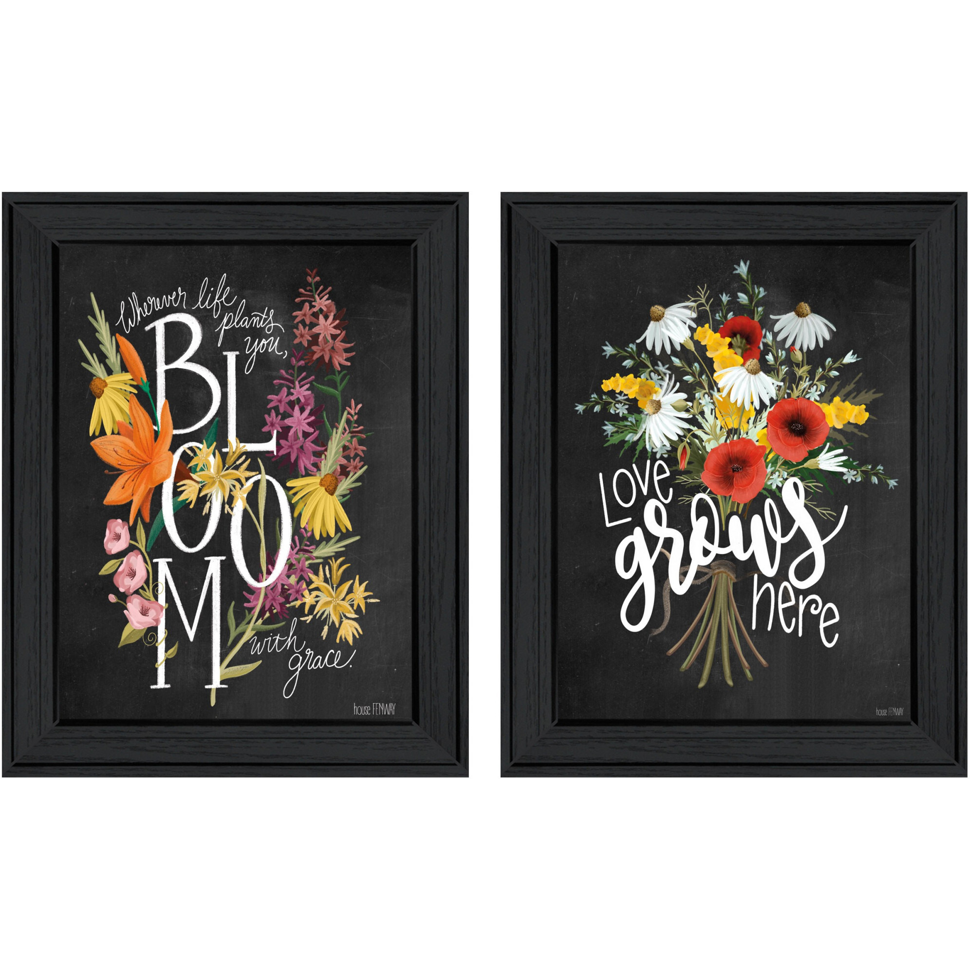 Set Of Two Love Grows Here Black Framed Print Wall Art