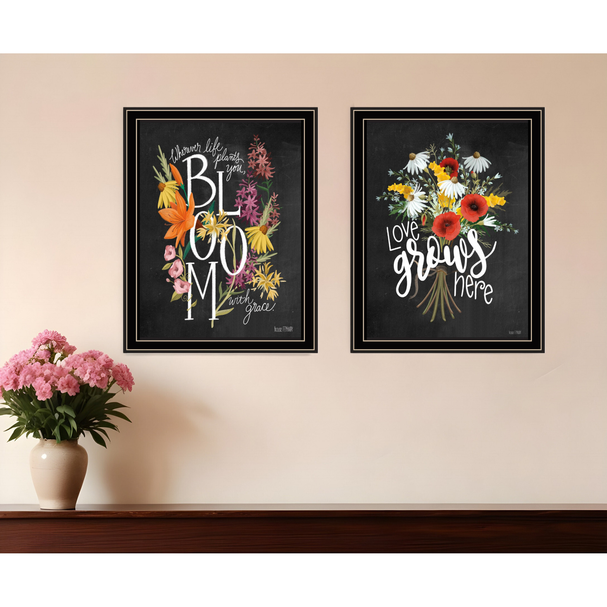 Set Of Two Love Grows Here Black Framed Print Wall Art